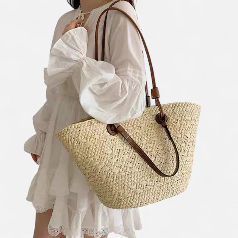 Grand sac à main cabas panier en paille double porté Louna