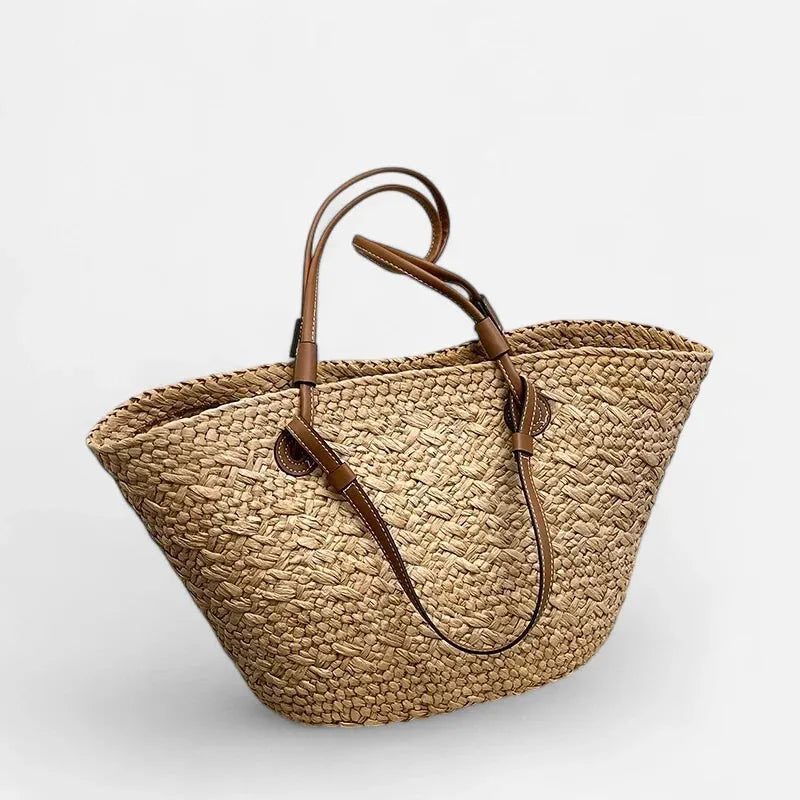 Grand sac à main cabas panier en paille double porté Louna