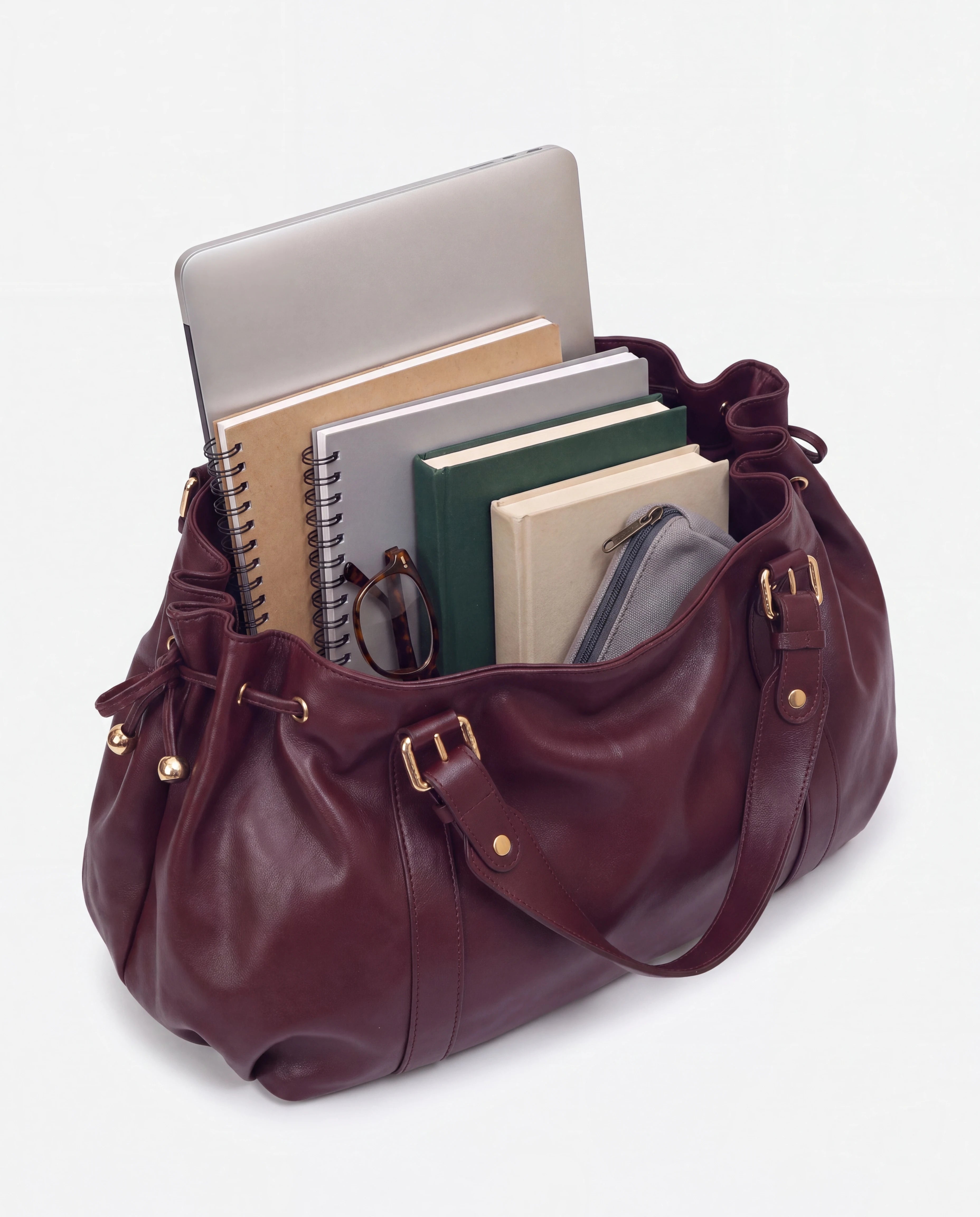 Grand sac à main de cours bowling souple Enora coloris Bordeaux — intérieur avec ordinateur portable, cahiers et livres