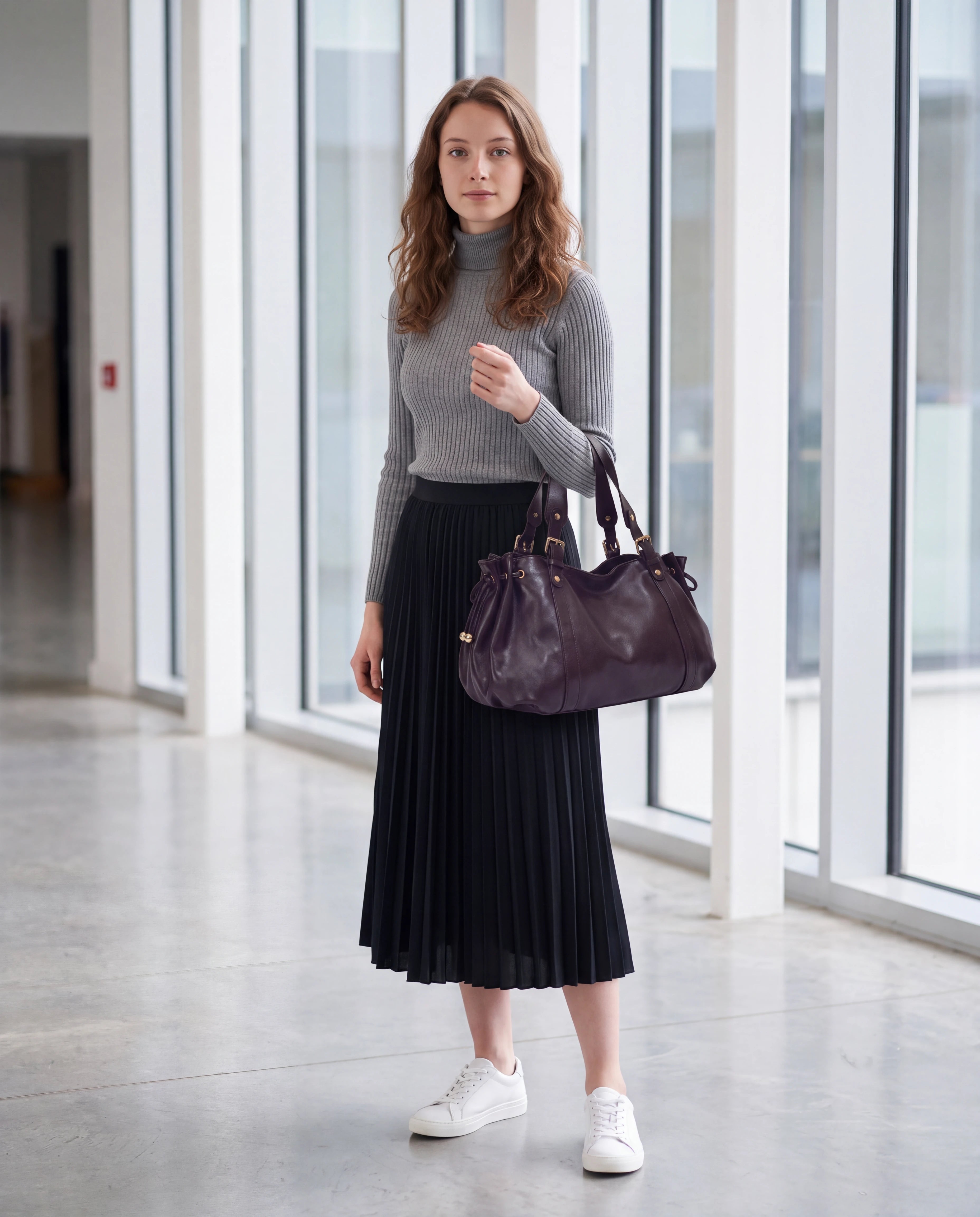 Grand sac à main de cours bowling souple Enora coloris Café — porté dans un couloir vitré d’école