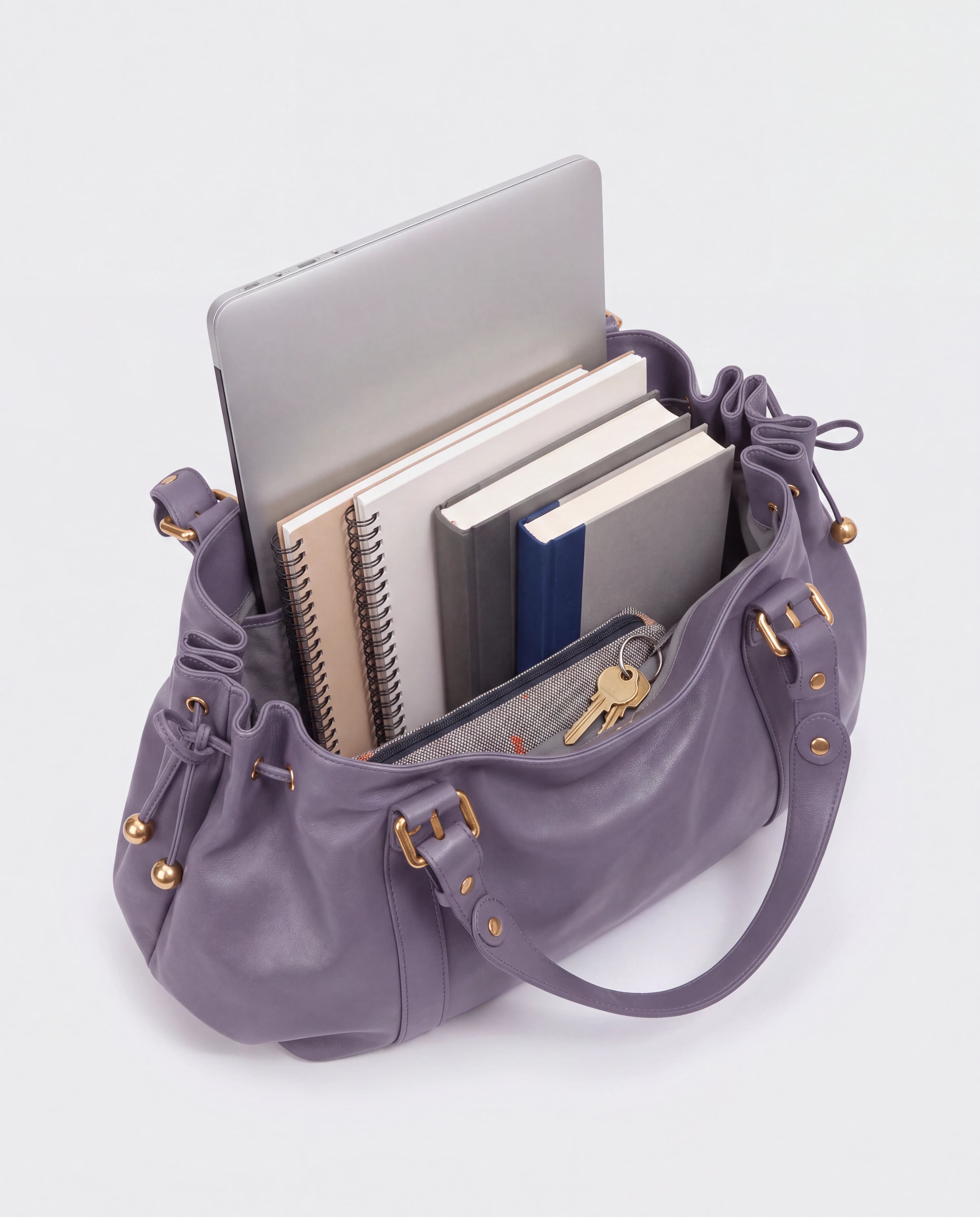 Grand sac à main de cours bowling souple Enora coloris Gris Lilas — intérieur avec ordinateur portable, cahiers et livres