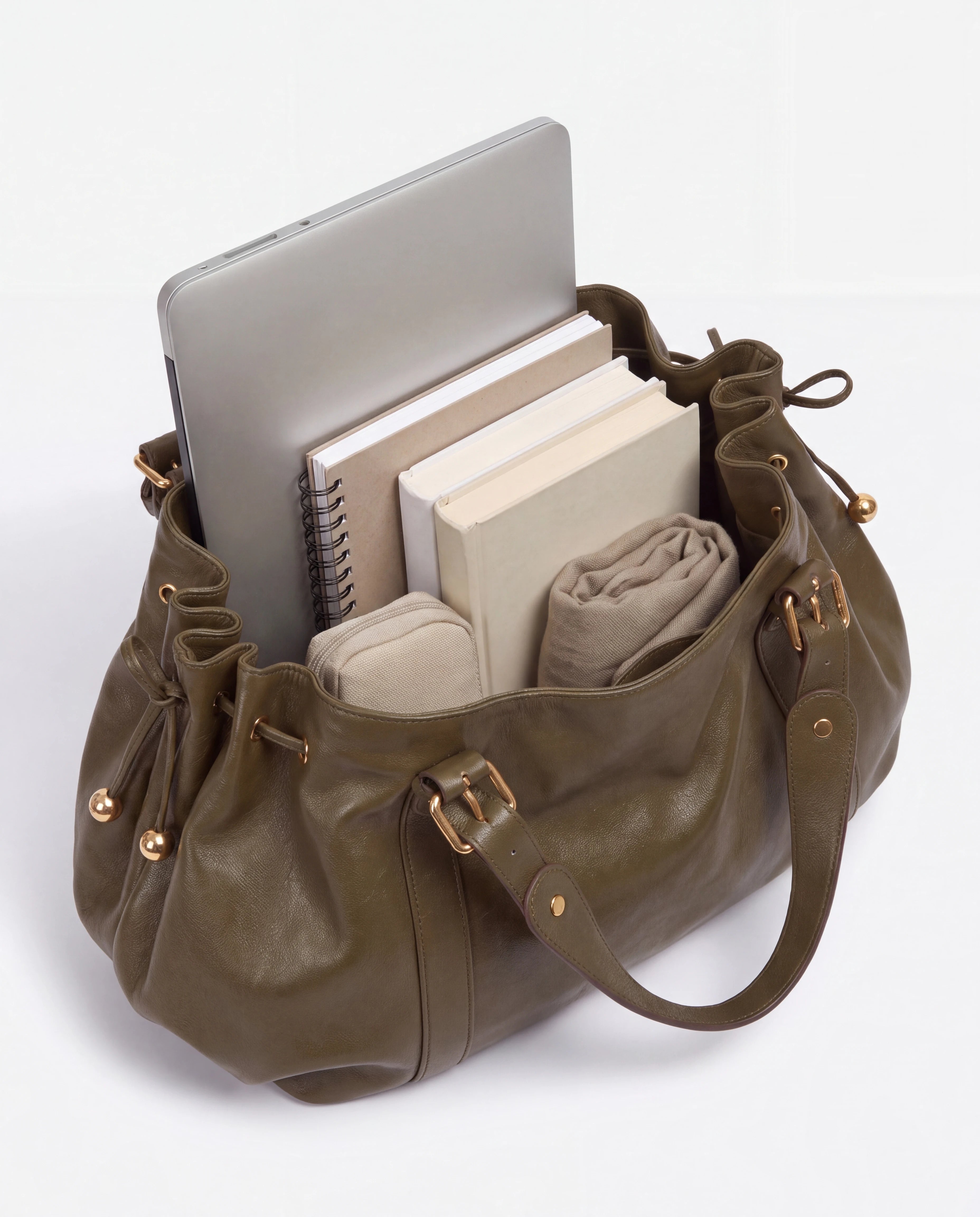 Grand sac à main de cours bowling souple Enora coloris Kaki — intérieur avec ordinateur portable, cahiers et livres