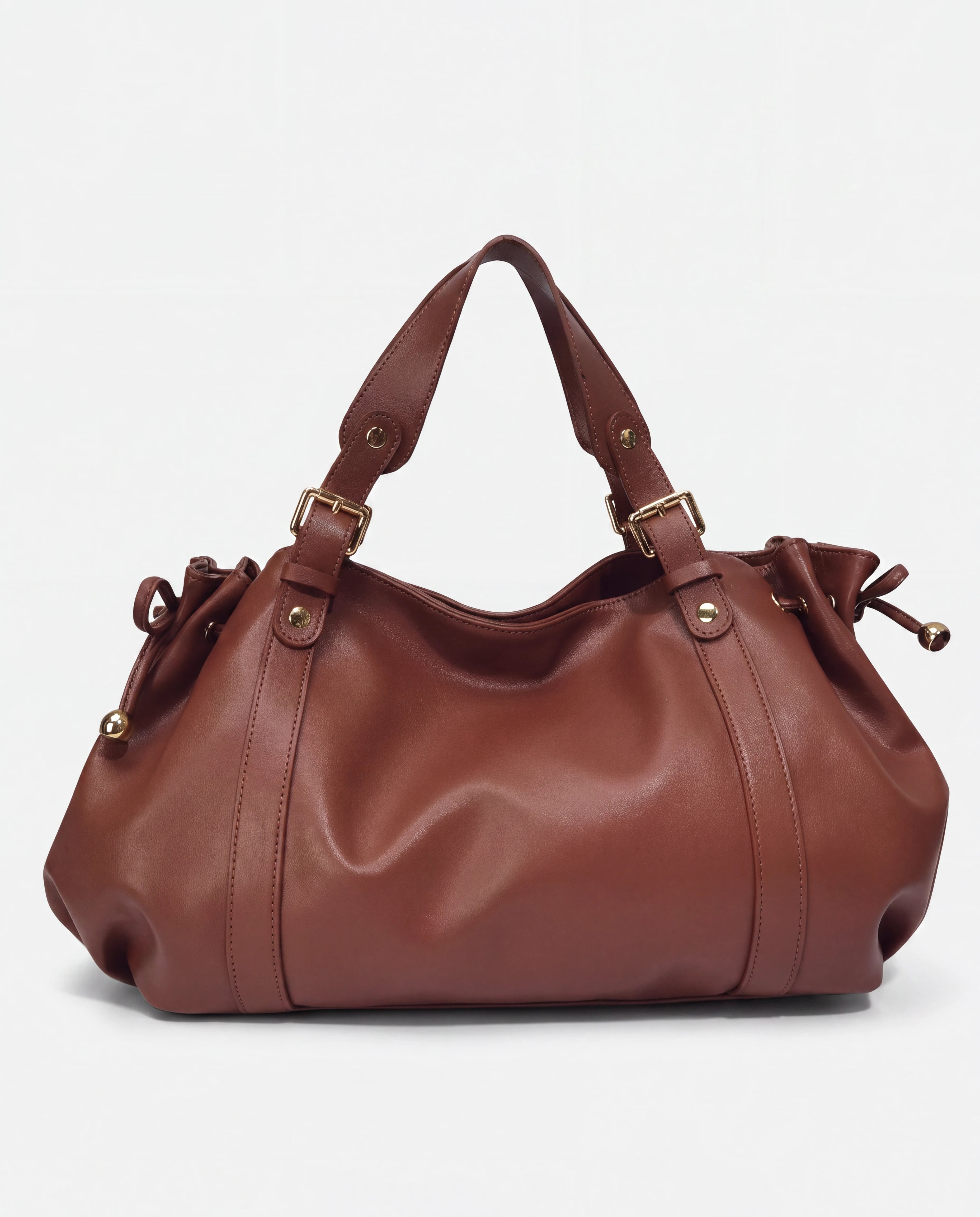 Grand sac à main de cours bowling souple Enora coloris Marron — vue de face sur fond studio