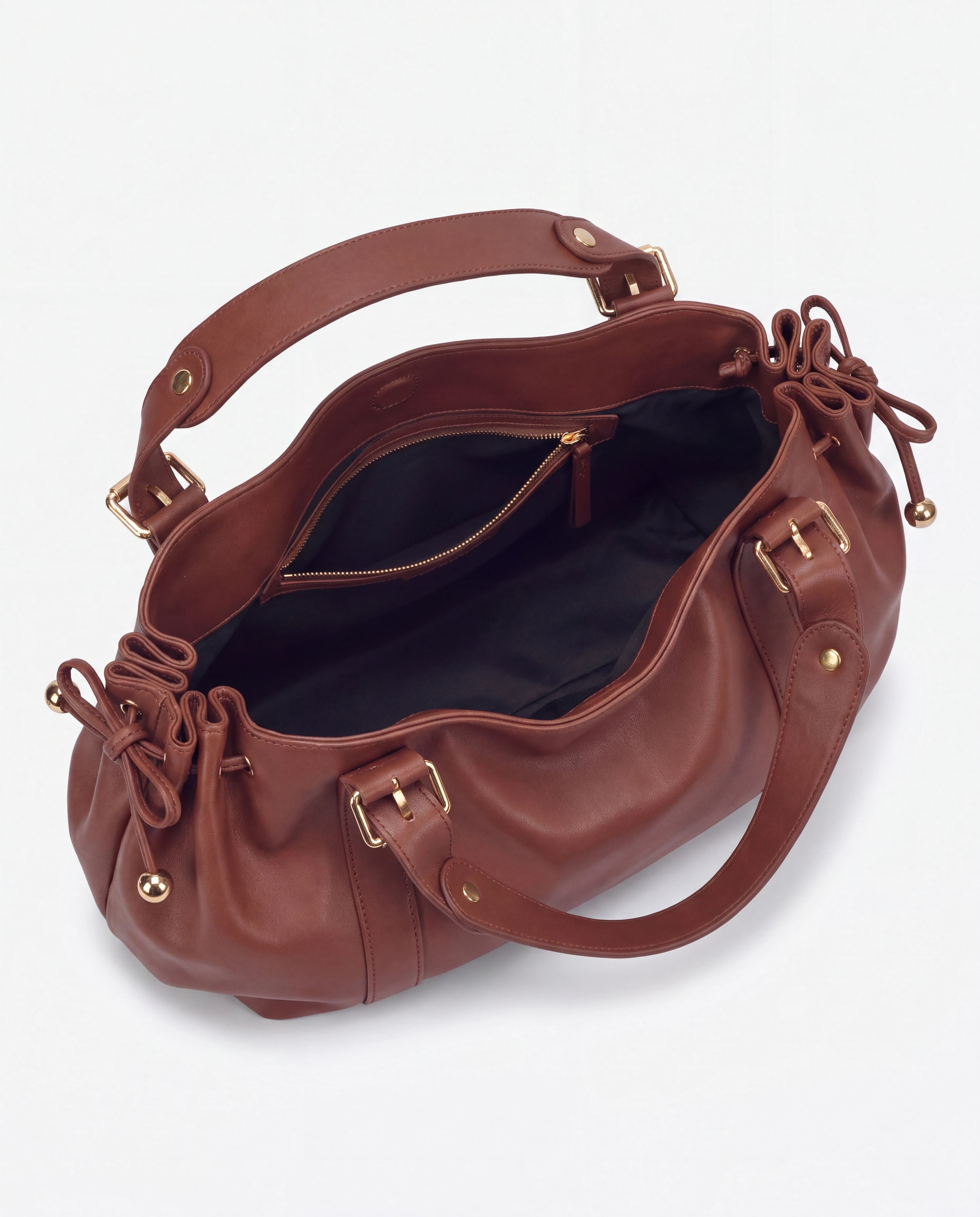 Grand sac à main de cours bowling souple Enora coloris Marron — intérieur vide, doublure et poche zippée
