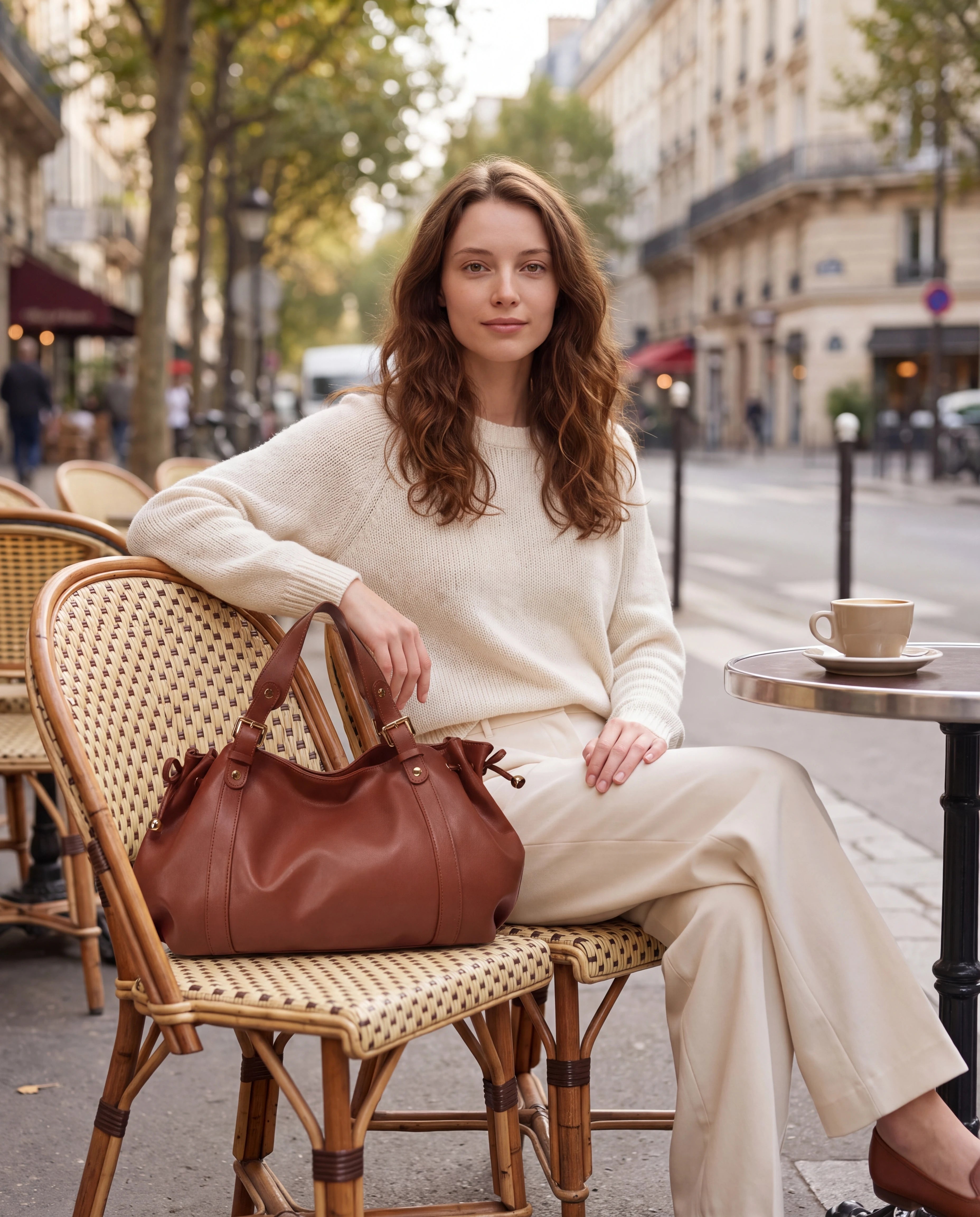 Grand sac à main de cours bowling souple Enora coloris Marron — posé sur une chaise de terrasse de café
