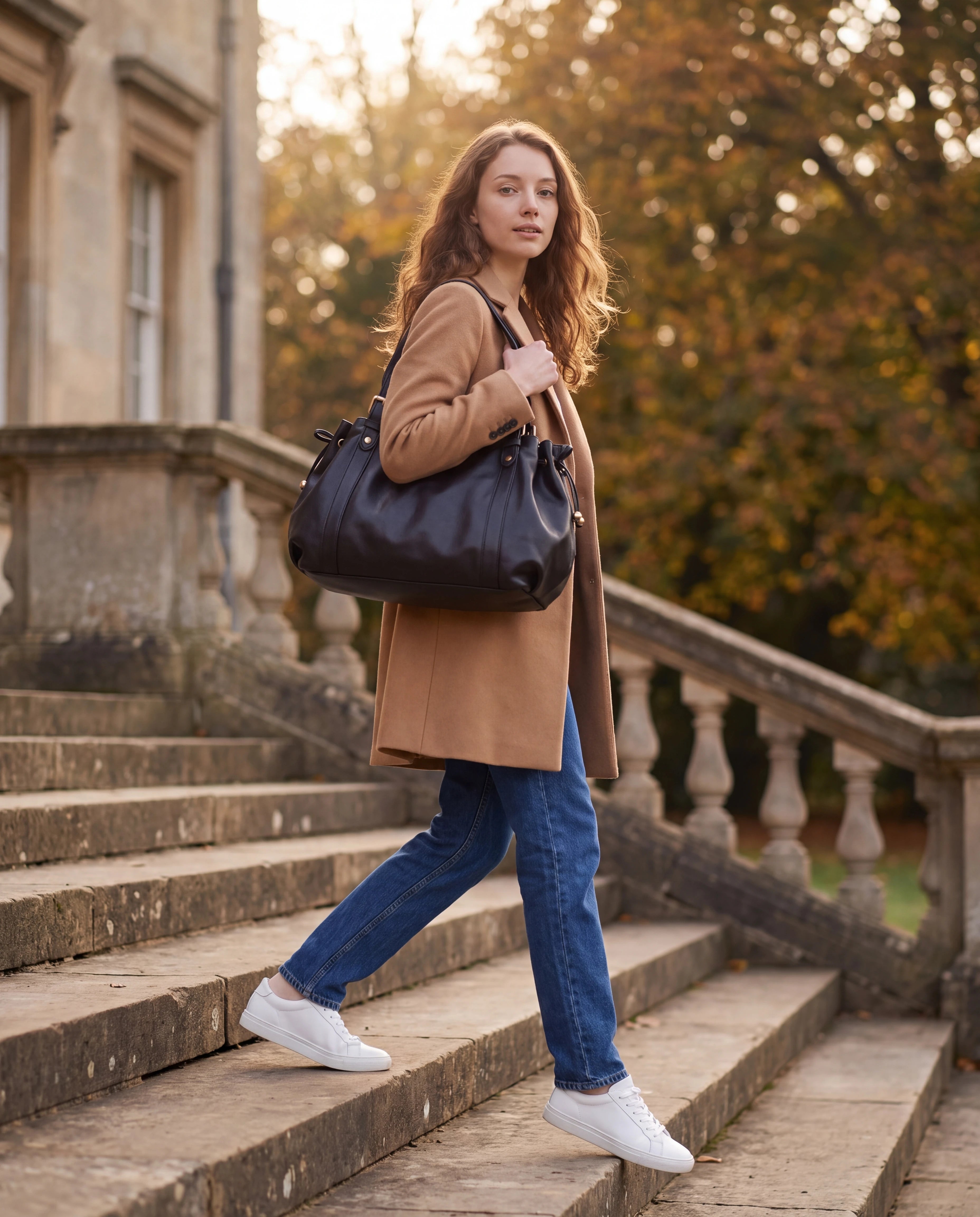 Grand sac à main de cours bowling souple Enora coloris Noir — porté sur les marches d’une université