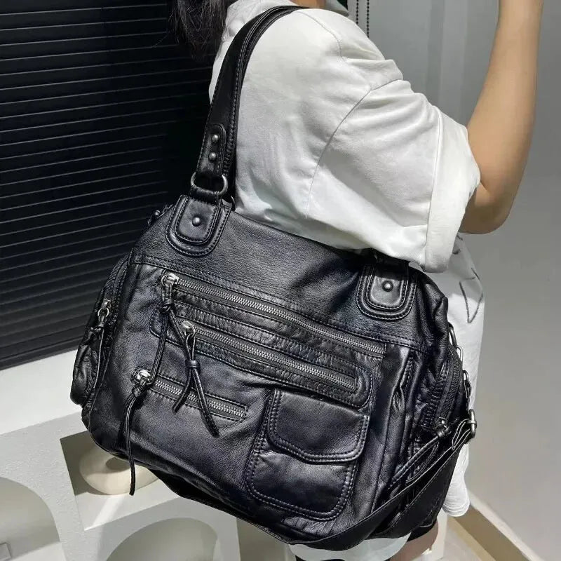 Grand sac à main de cours rétro multipoches à bandoulière Amandine