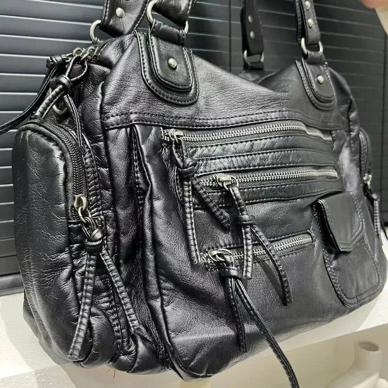 Grand sac à main de cours rétro multipoches à bandoulière Amandine