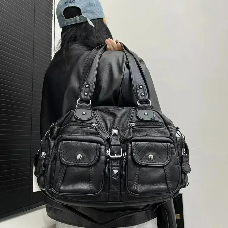Grand sac à main de cours rétro multipoches à bandoulière Inès