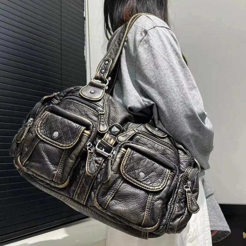 Grand sac à main de cours rétro multipoches à bandoulière Romy