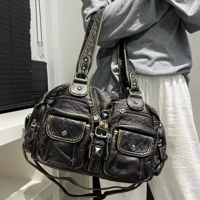 Grand sac à main de cours rétro multipoches à bandoulière Romy
