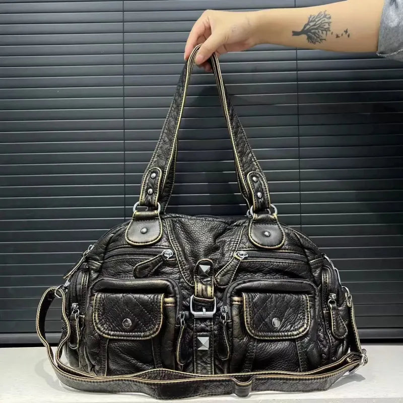 Grand sac à main de cours rétro multipoches à bandoulière Romy