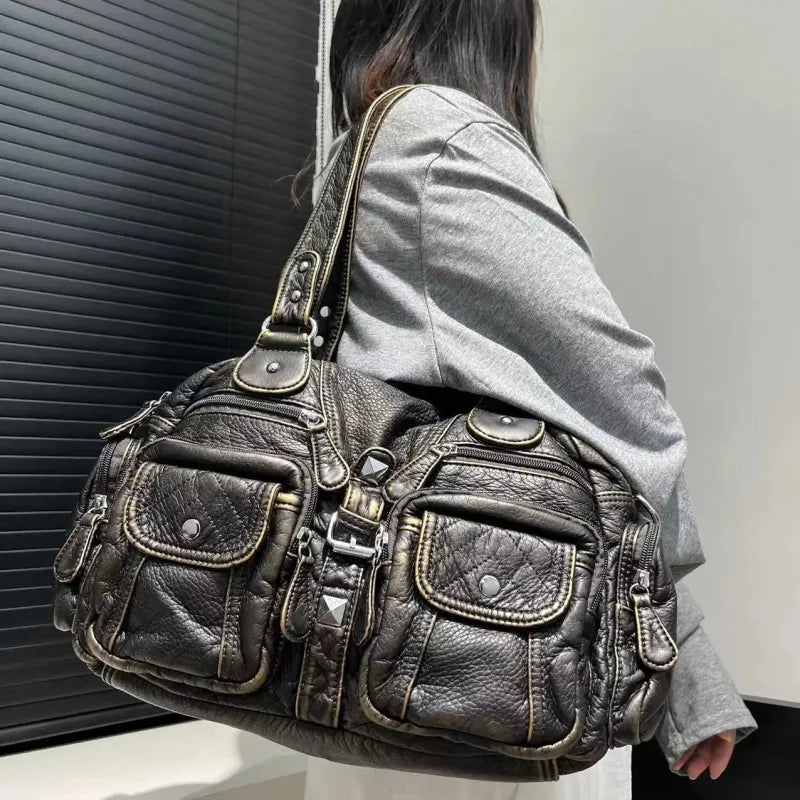 Grand sac à main de cours rétro multipoches à bandoulière Romy