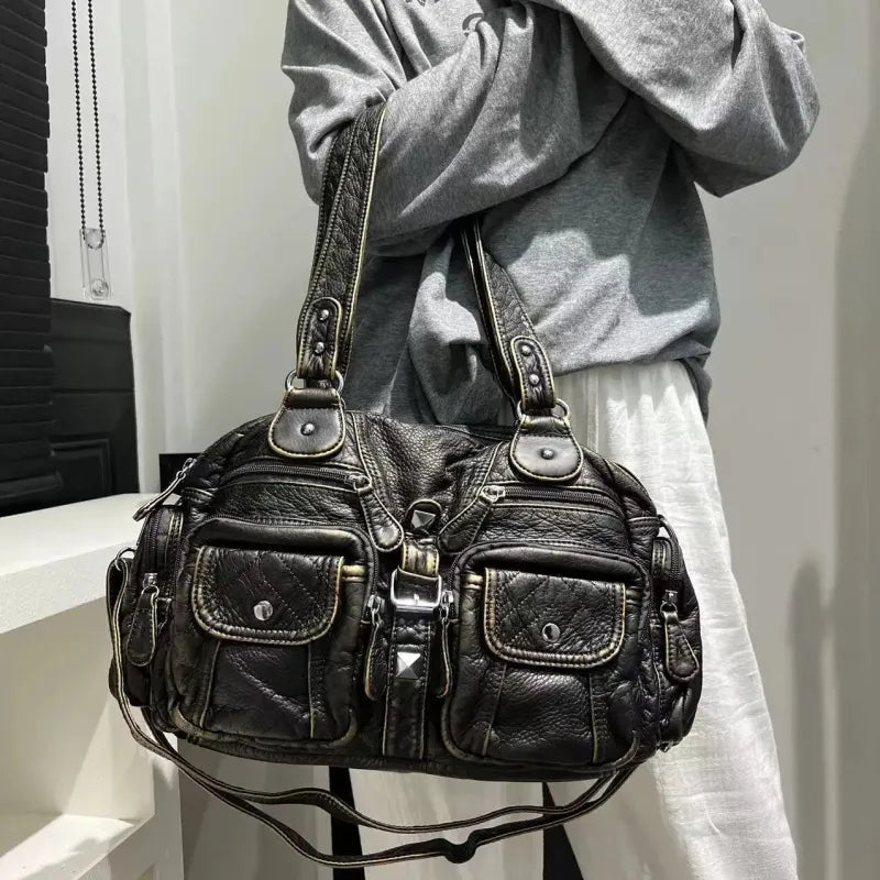 Grand sac à main de cours rétro multipoches à bandoulière Romy
