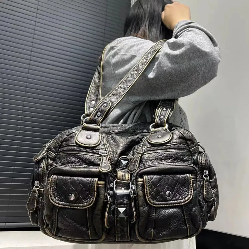Grand sac à main de cours rétro multipoches à bandoulière Romy