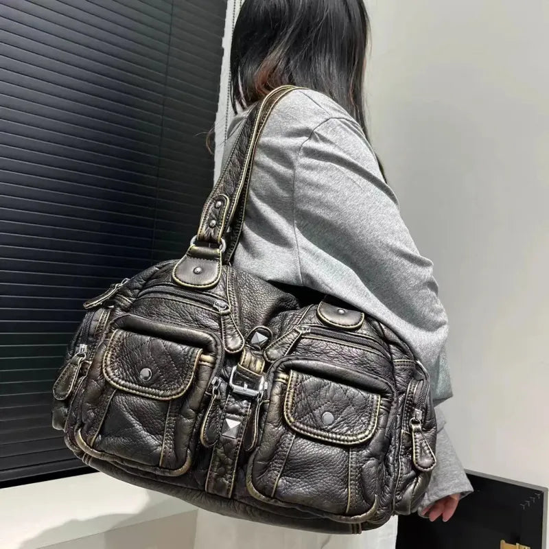 Grand sac à main de cours rétro multipoches à bandoulière Romy