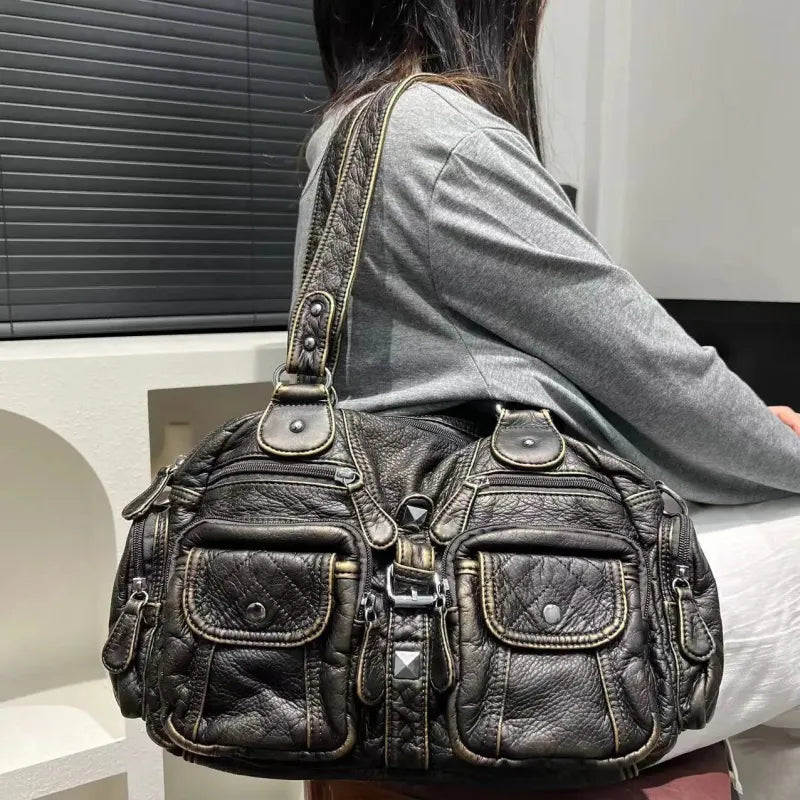 Grand sac à main de cours rétro multipoches à bandoulière Romy