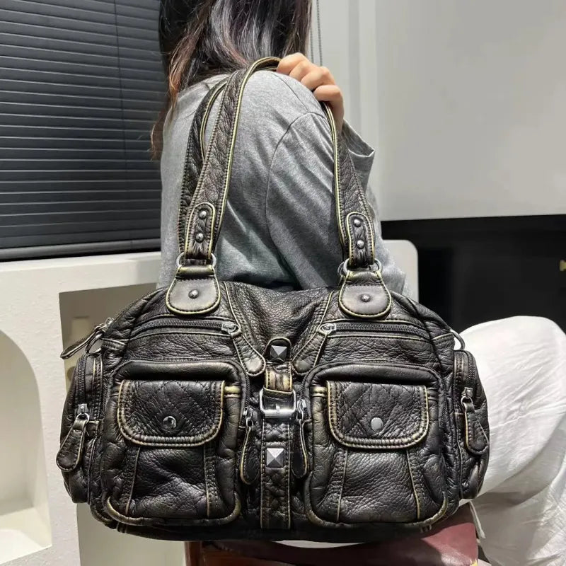 Grand sac à main de cours rétro multipoches à bandoulière Romy