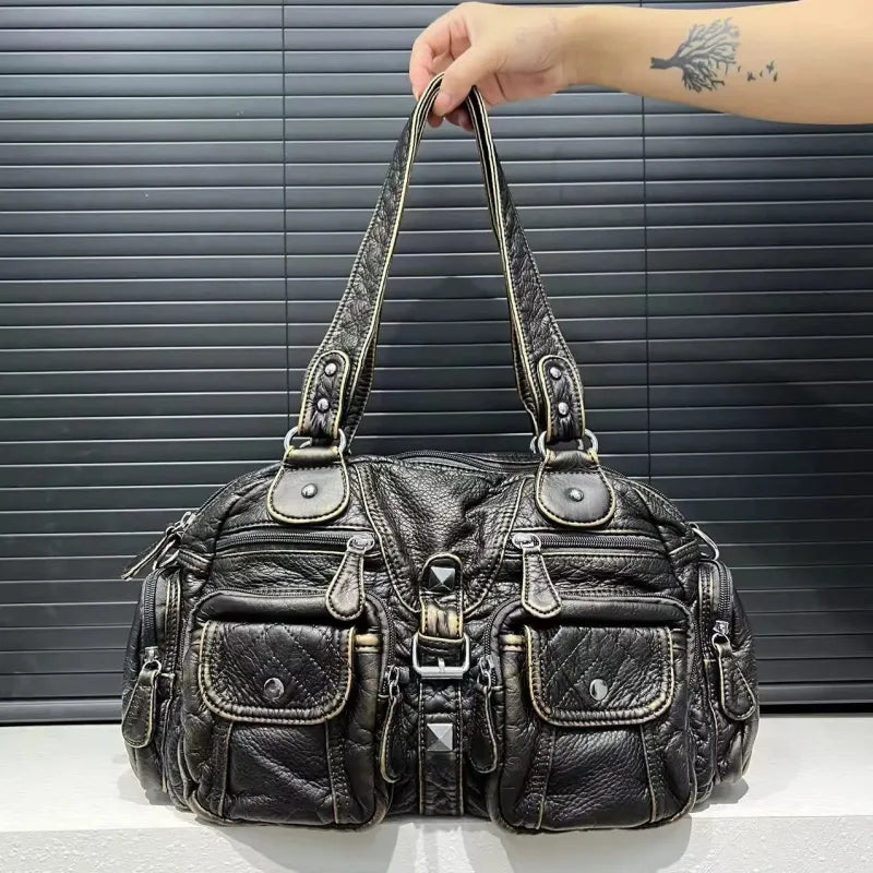 Grand sac à main de cours rétro multipoches à bandoulière Romy