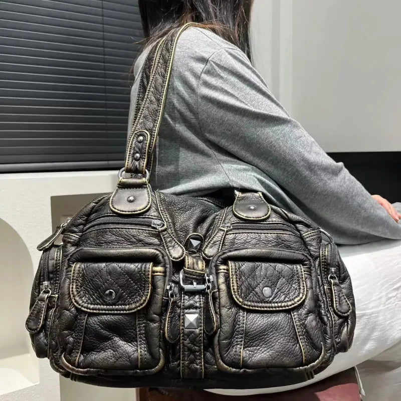 Grand sac à main de cours rétro multipoches à bandoulière Romy