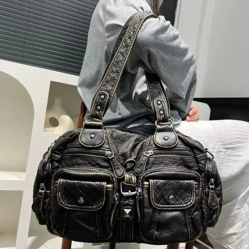 Grand sac à main de cours rétro multipoches à bandoulière Romy