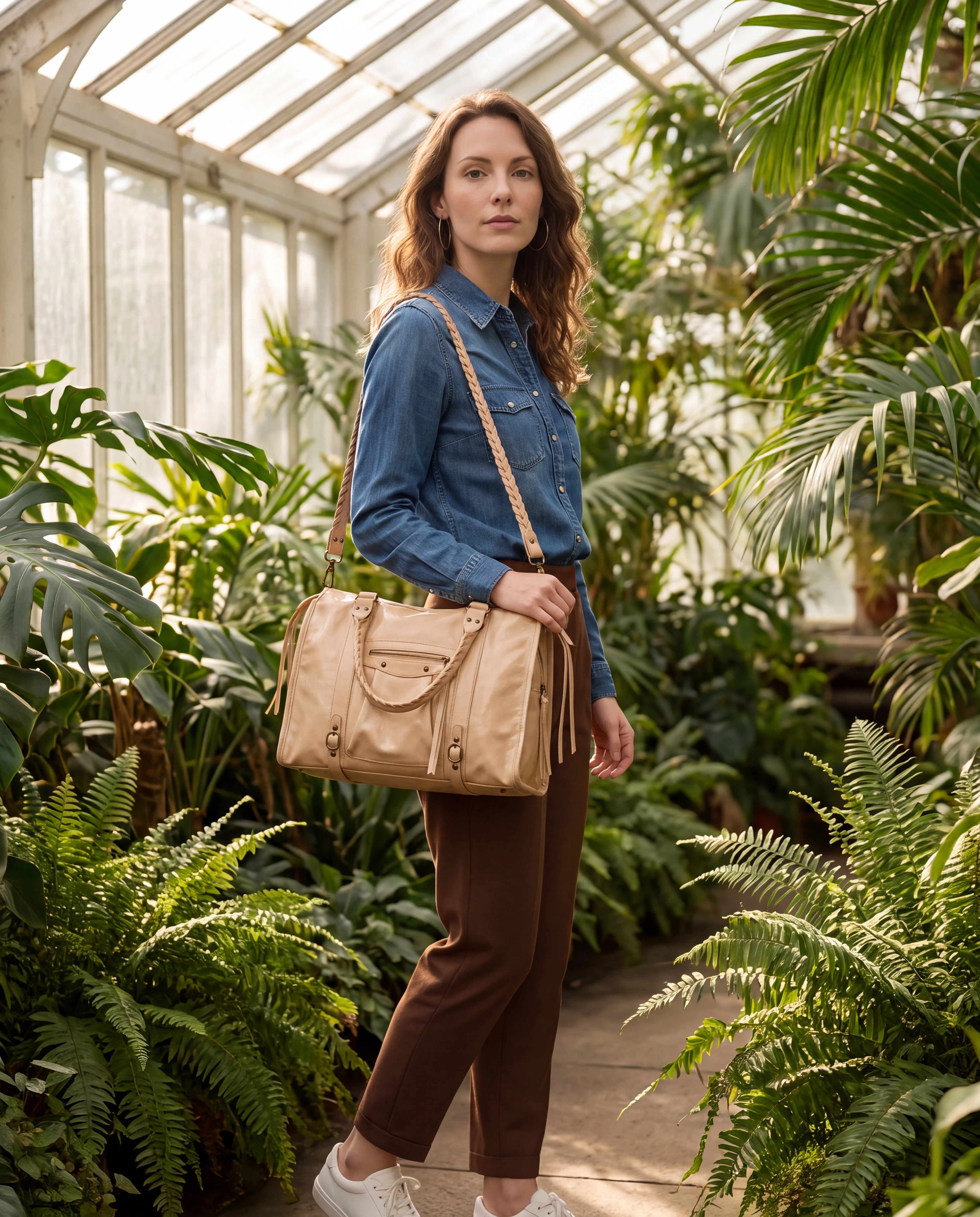Grand sac à main de cours vintage à franges et bandoulière Laurine coloris Beige — porté sous la serre d’un jardin botanique