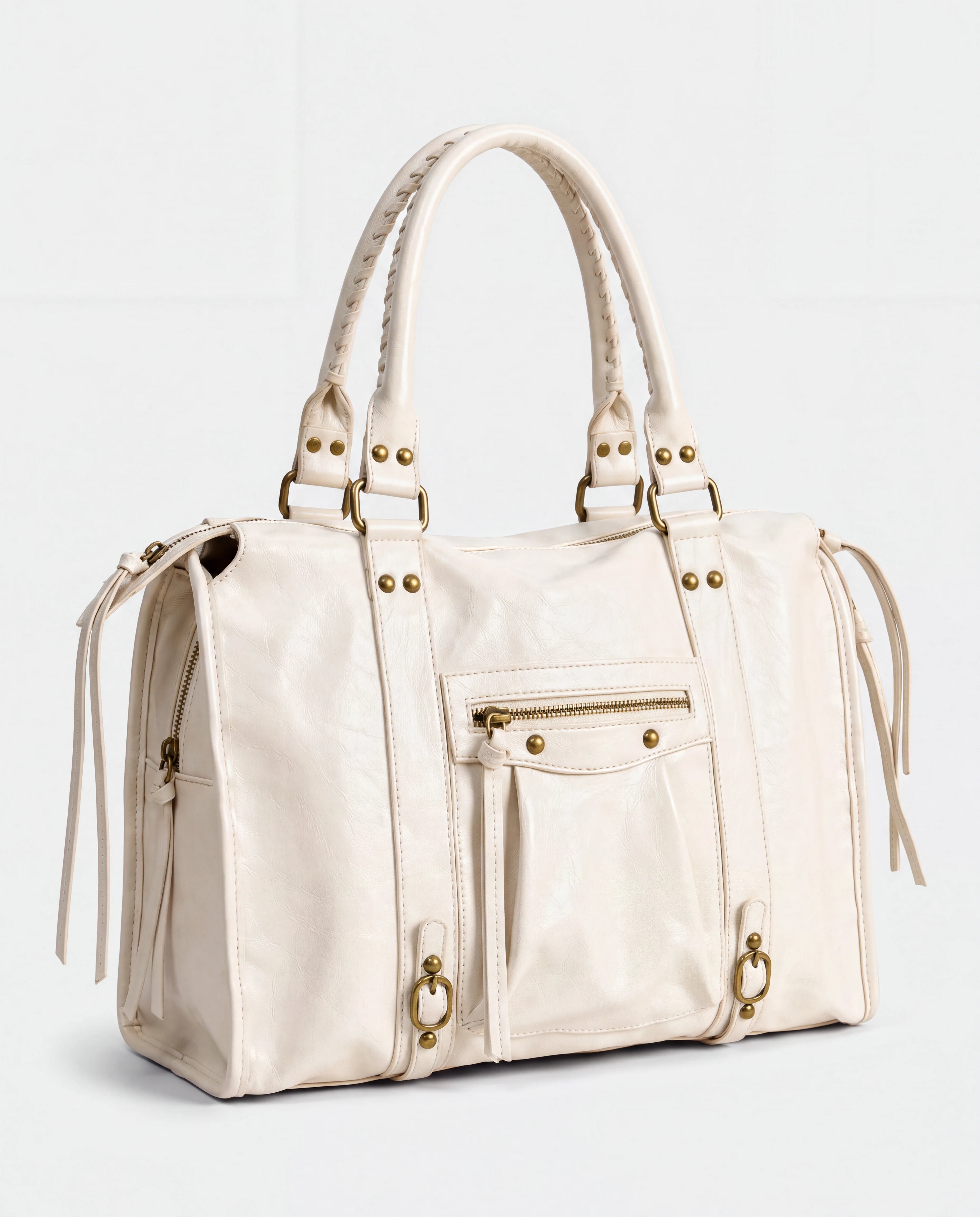 Grand sac à main de cours vintage à franges et bandoulière Laurine coloris Blanc — vue de trois quarts sur fond studio