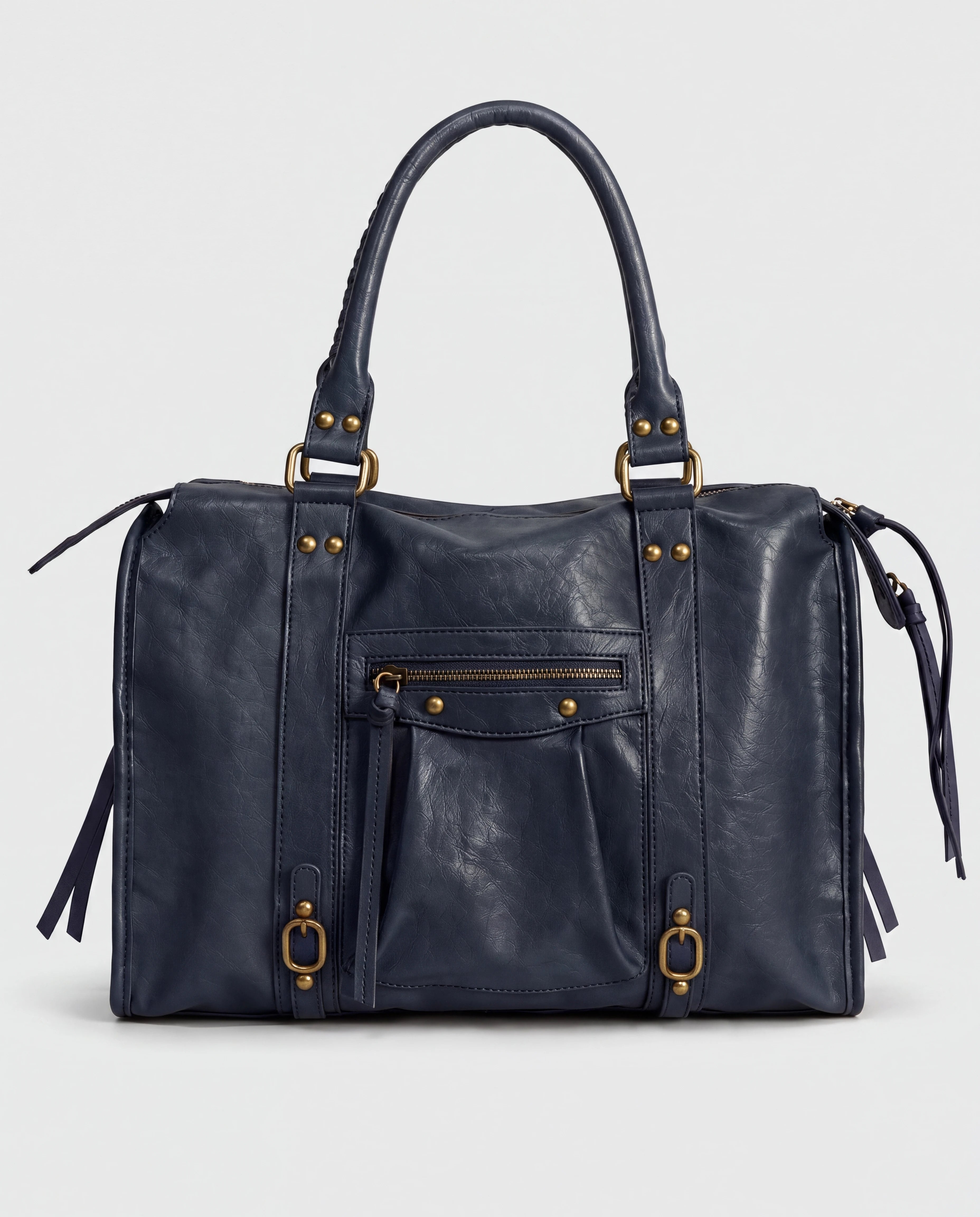 Grand sac à main de cours vintage à franges et bandoulière Laurine coloris Bleu Marine — vue de face sur fond studio