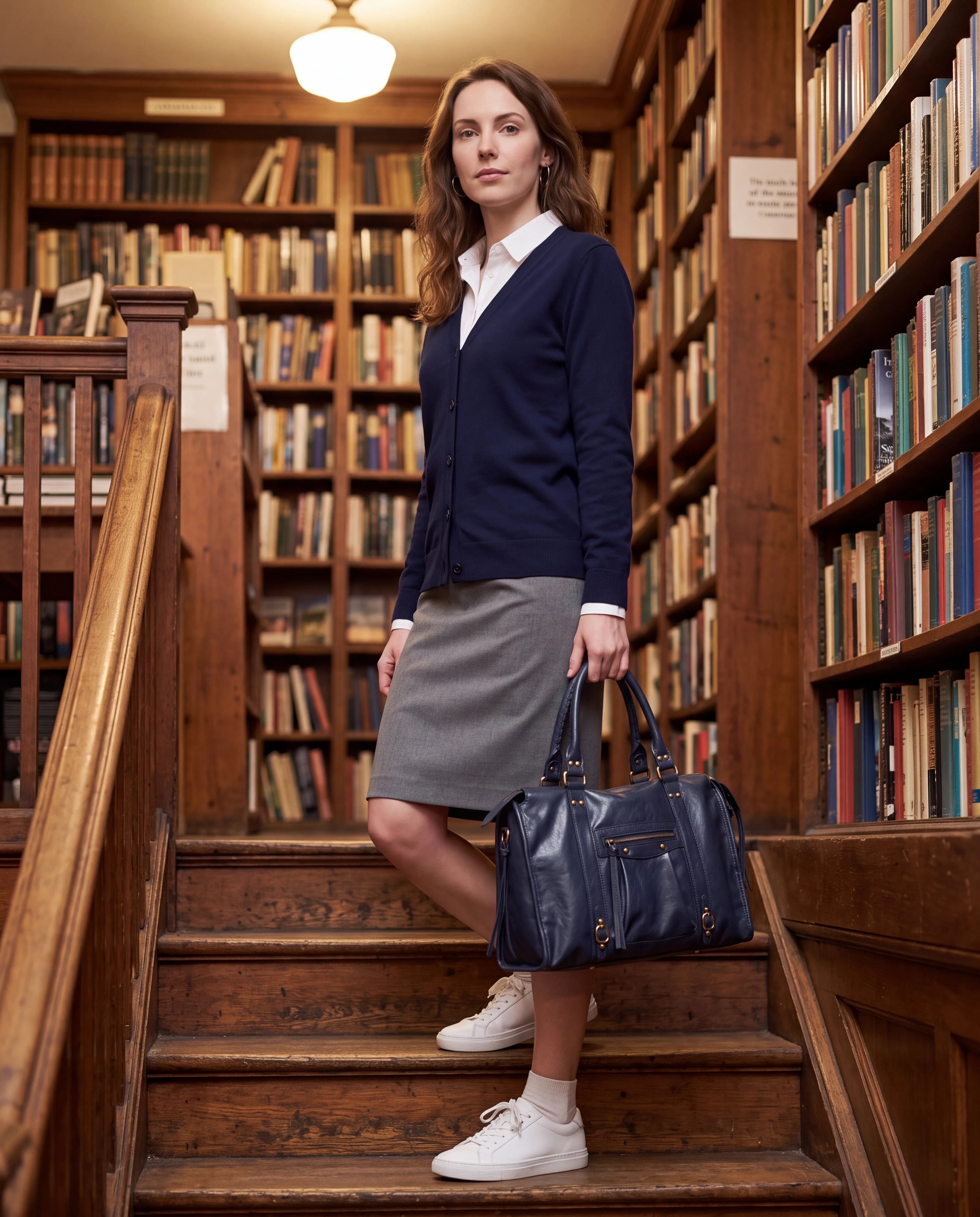 Grand sac à main de cours vintage à franges et bandoulière Laurine coloris Bleu Marine — porté dans l’escalier d’une bibliothèque