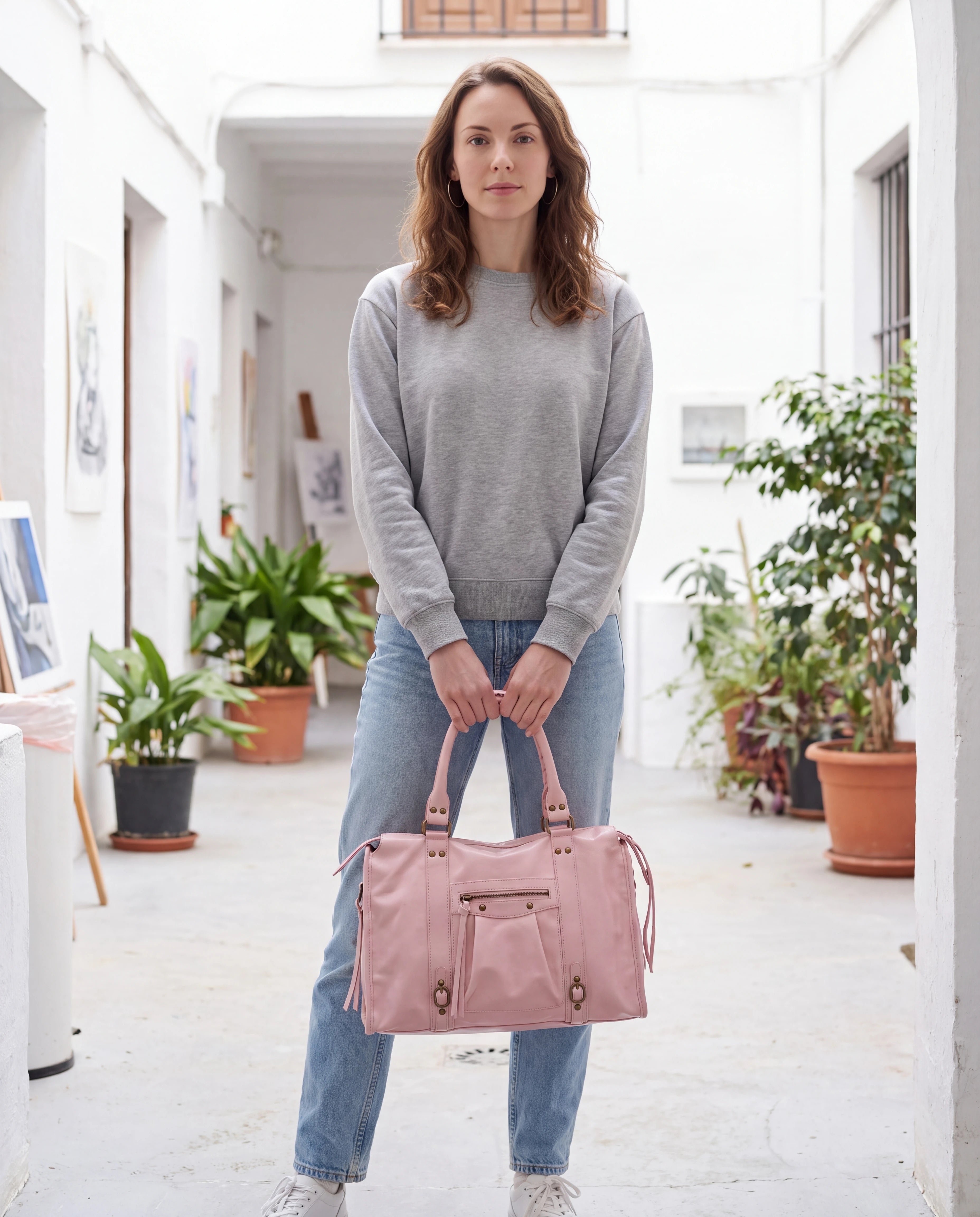 Grand sac à main de cours vintage à franges et bandoulière Laurine coloris Rose — porté dans la cour d’une école d’art