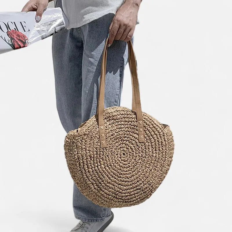 Grand sac à main rond en paille Maëva