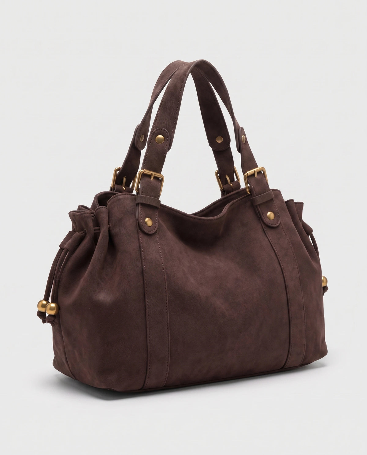 Grand sac à main de cours bowling en suédine Océane coloris Café, vue de trois quarts arrière sur la profondeur et les fronces