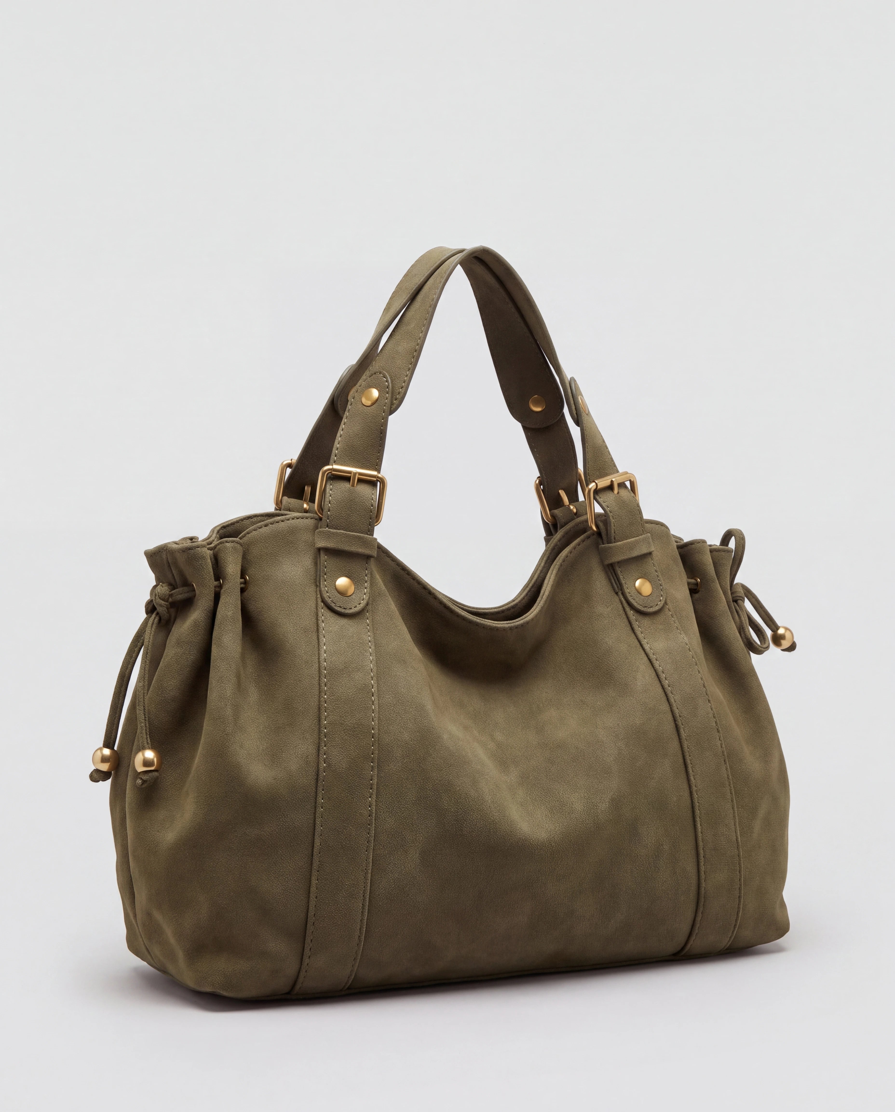 Grand sac à main de cours bowling en suédine Océane coloris Kaki, packshot studio de trois quarts