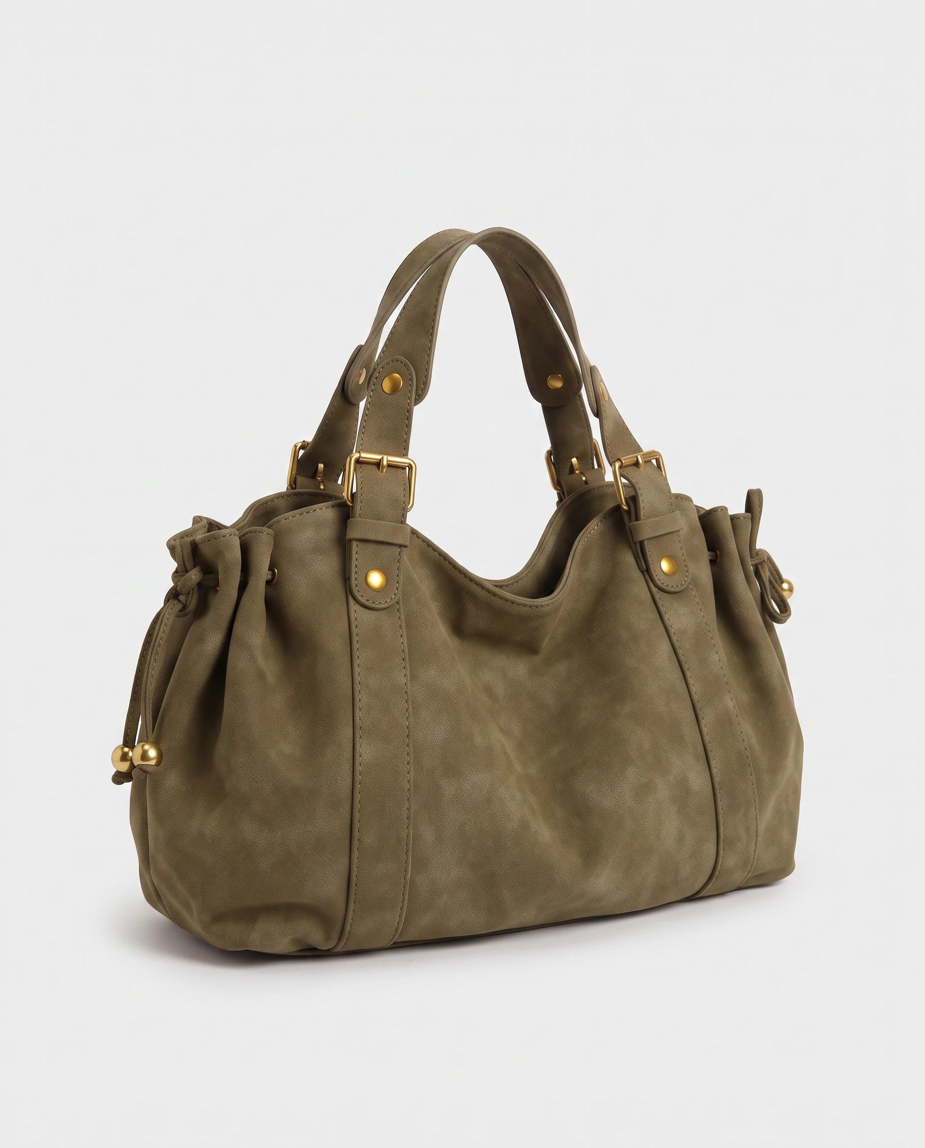 Grand sac à main de cours bowling en suédine Océane coloris Kaki, packshot studio de trois quarts, anses courtes