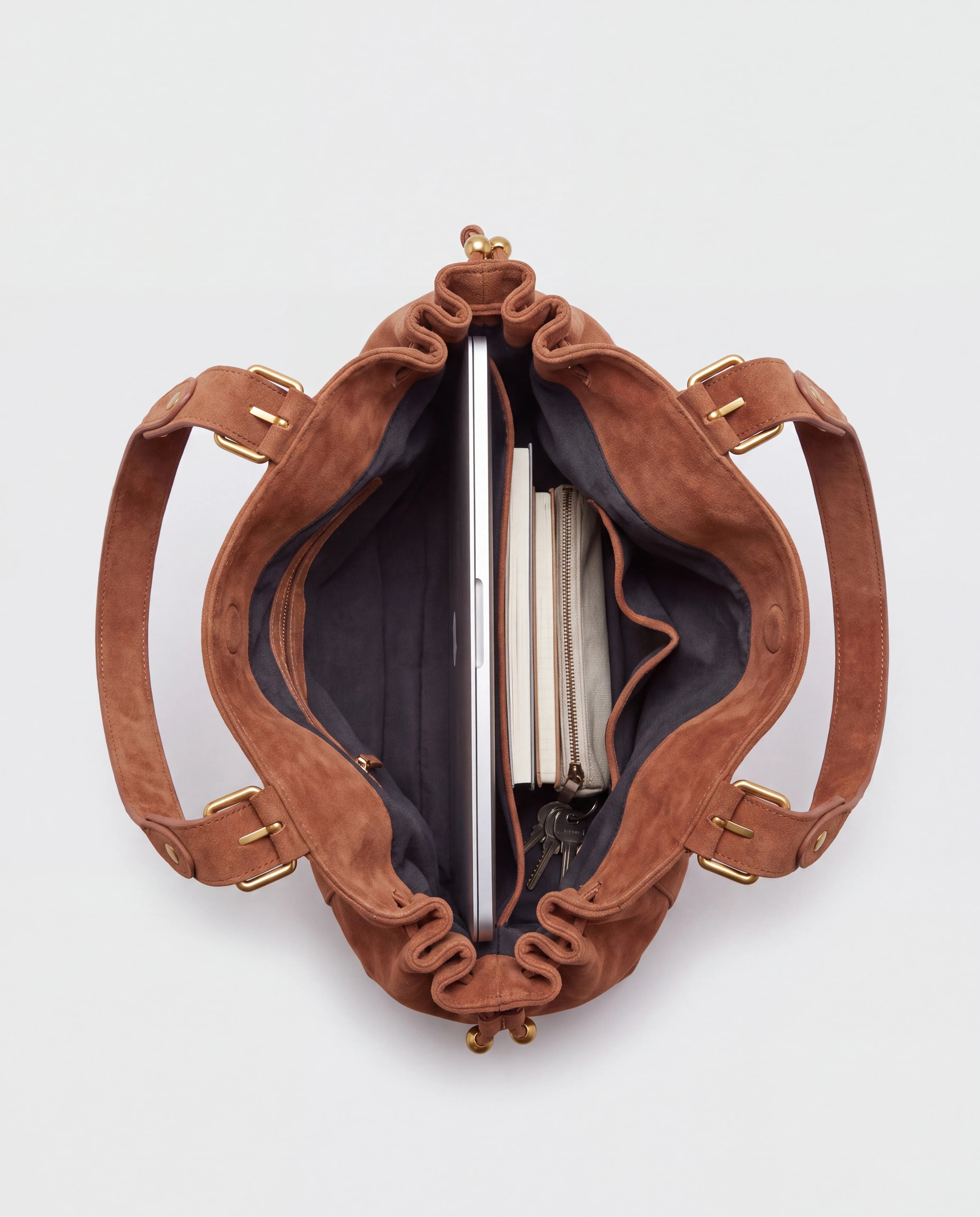 Grand sac à main de cours bowling en suédine Océane coloris Marron, intérieur avec ordinateur portable et cahiers A4