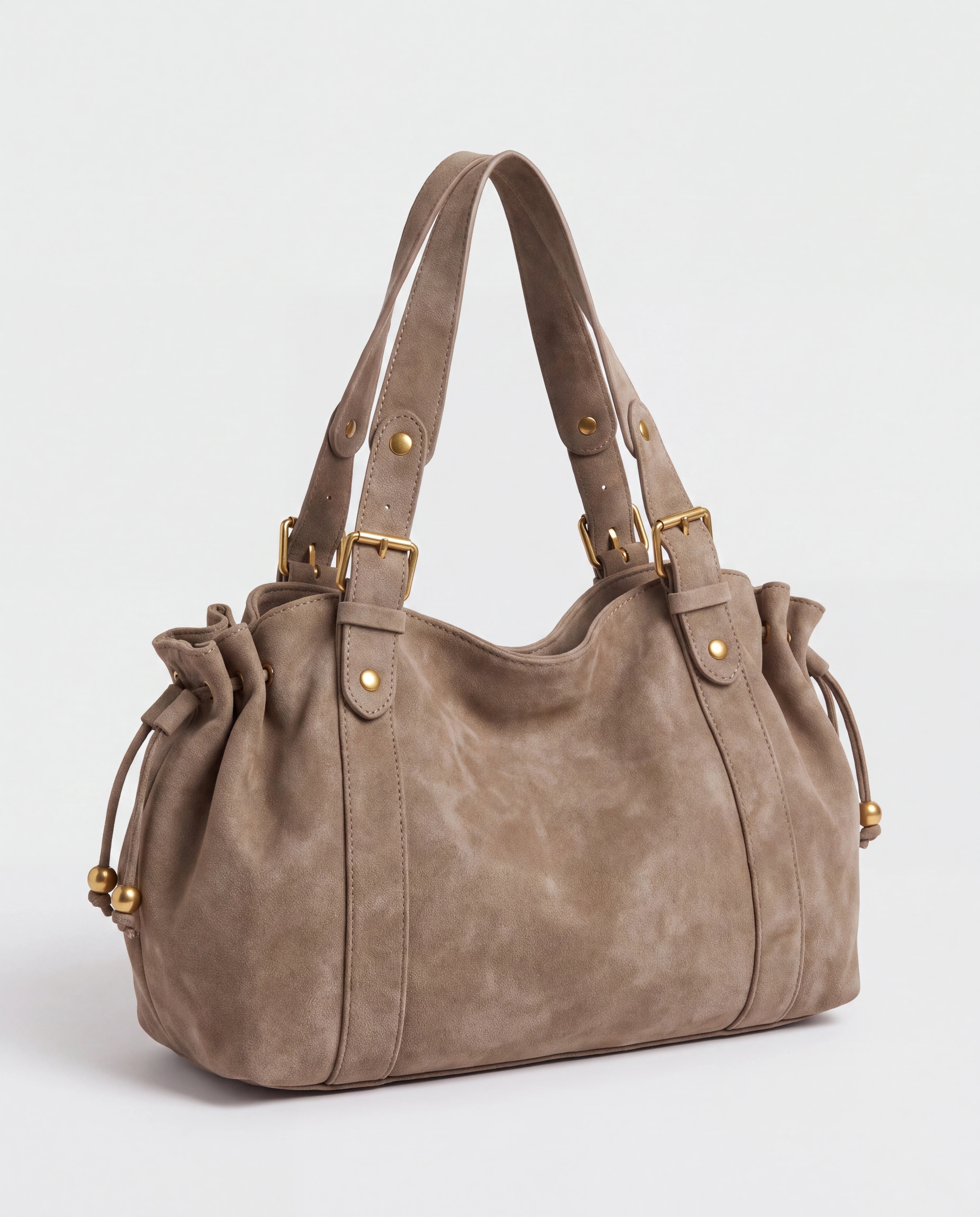 Grand sac à main de cours bowling en suédine Océane coloris Taupe, packshot studio de trois quarts