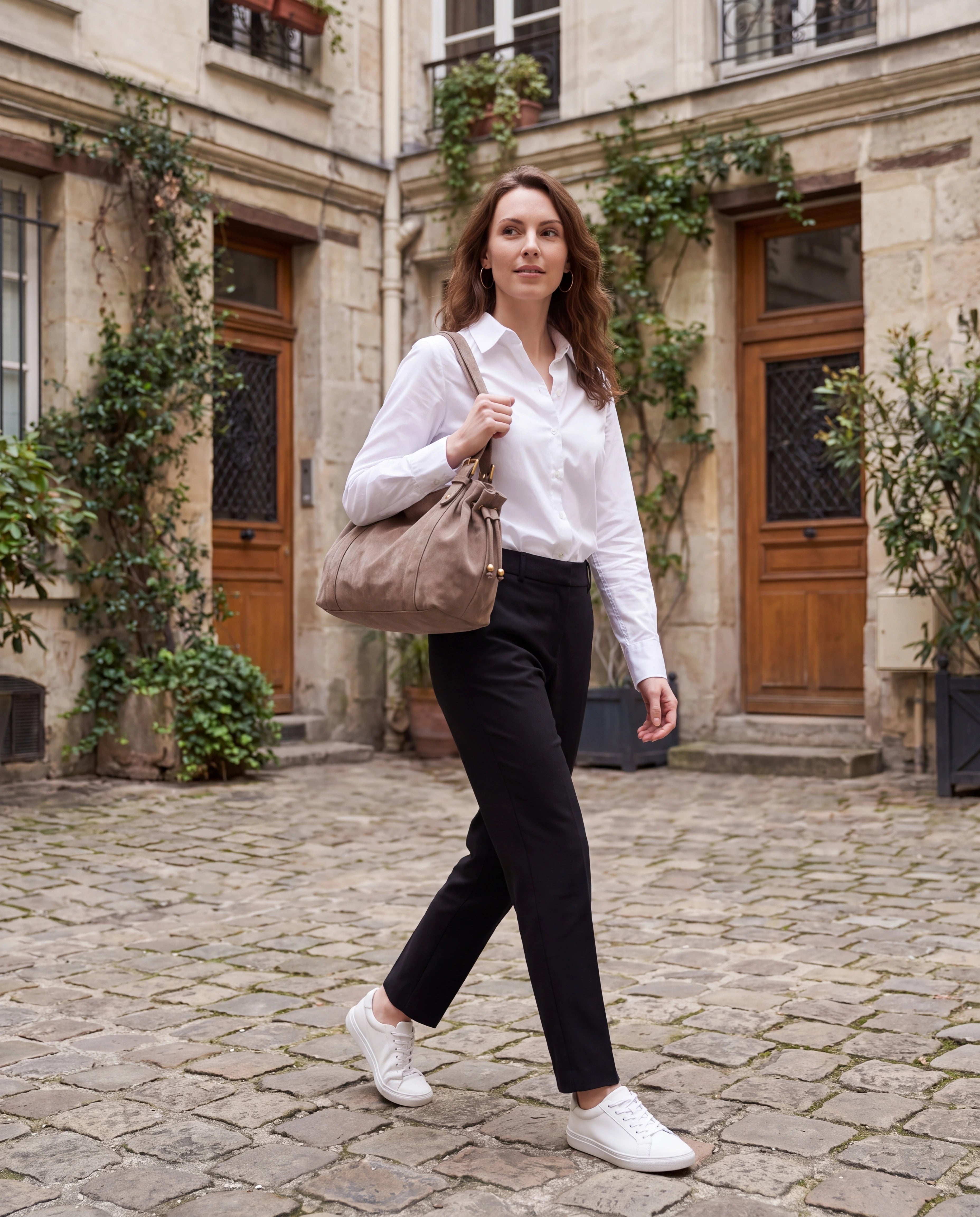 Grand sac à main de cours bowling en suédine Océane coloris Taupe, porté dans une cour pavée