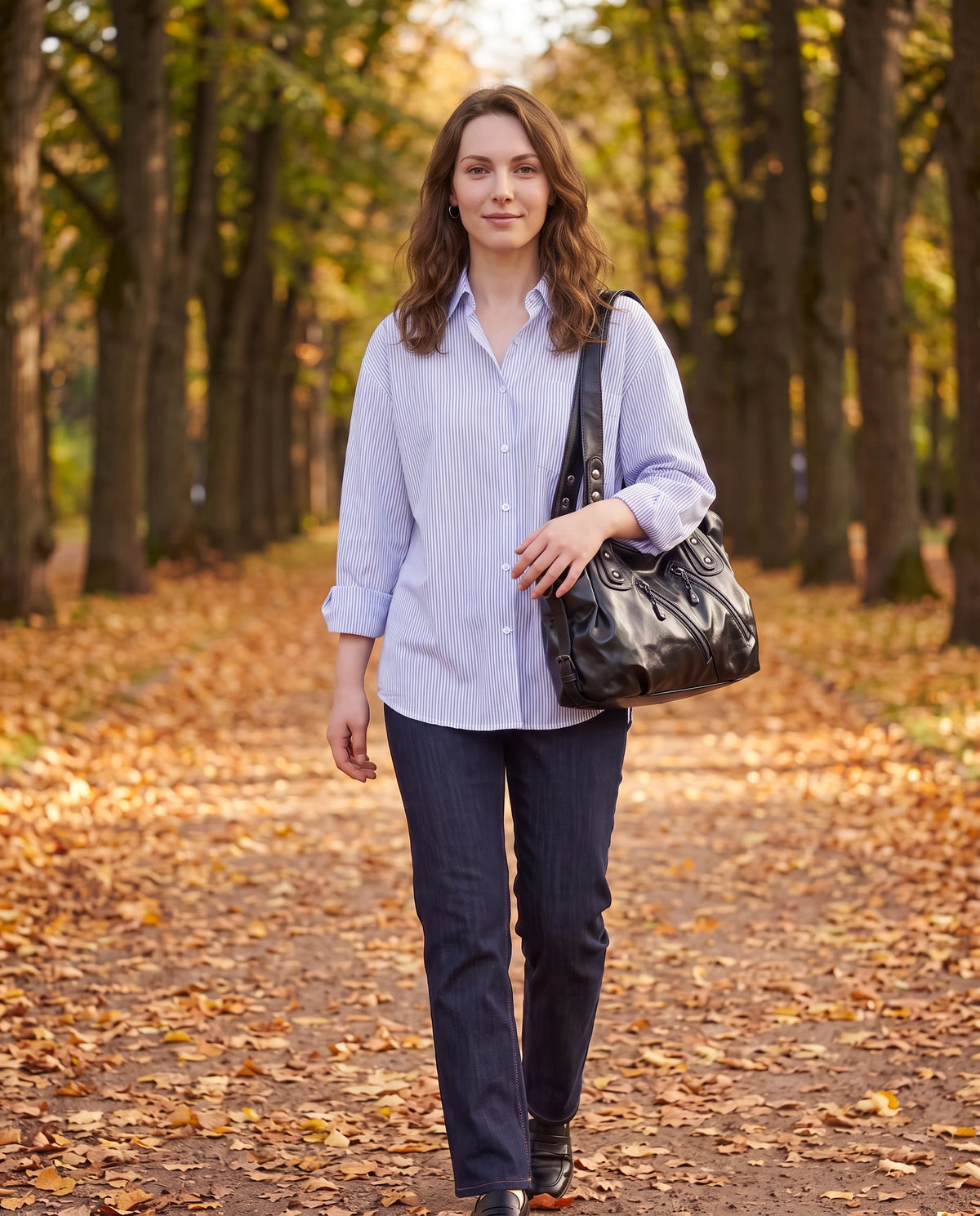 Grand sac à main hobo bandoulière style motard à zips Thelma coloris Noir, porté à l'épaule dans une allée de parc en automne