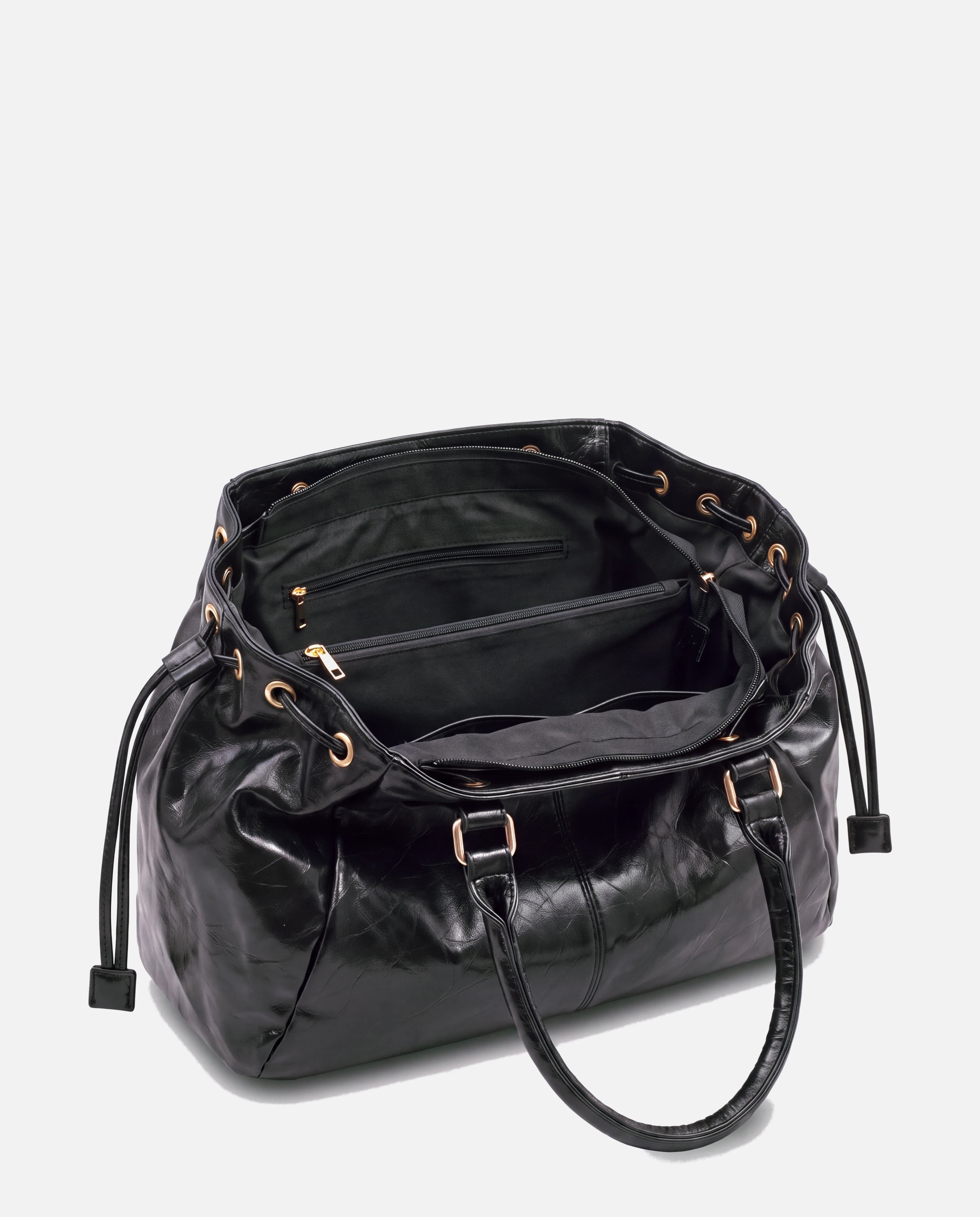 Grand sac à main de cours en simili lisse brillant Vanina coloris Noir — intérieur vide, doublure et séparateur zippé