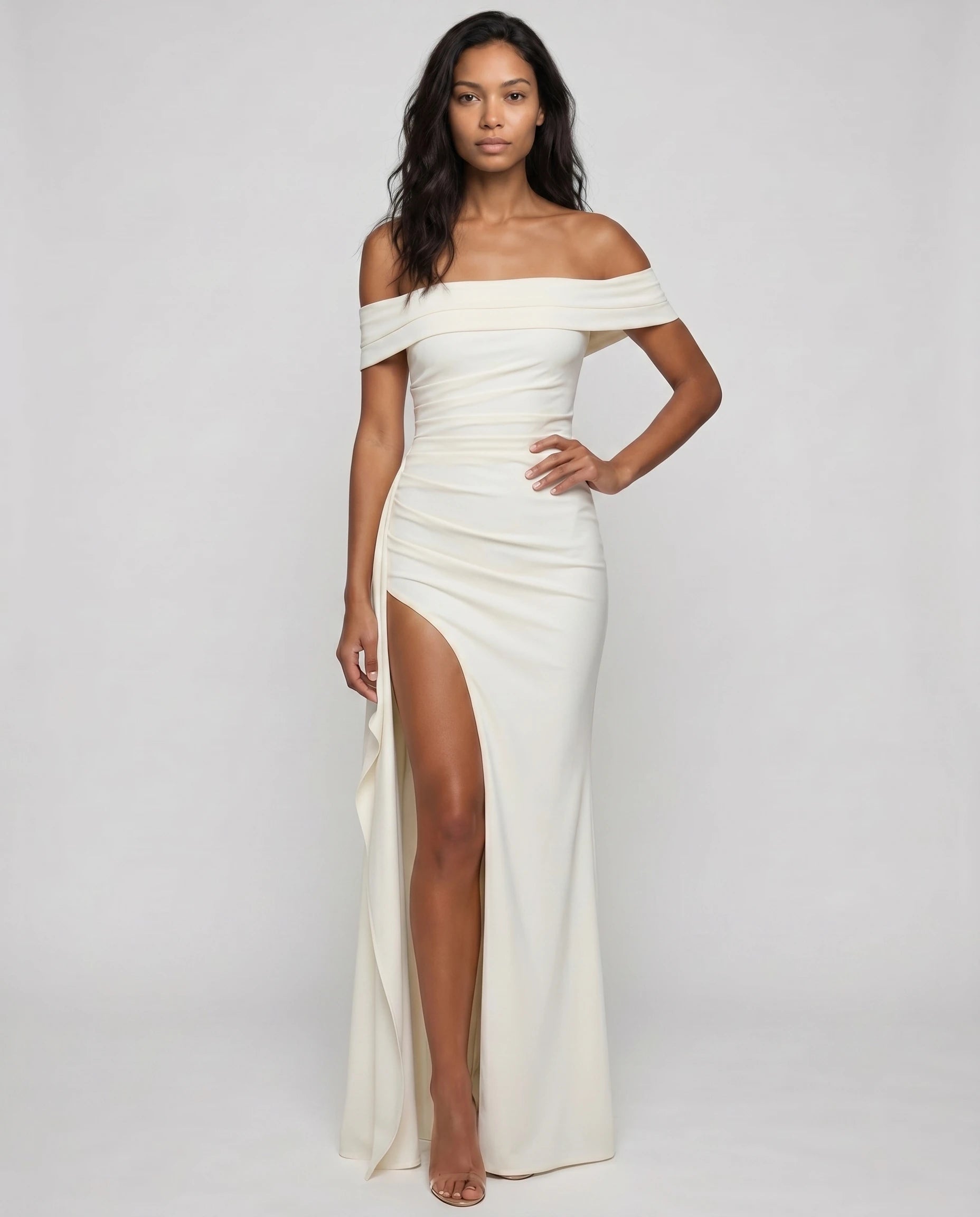Robe longue noire bardot drapée — studio variation diane