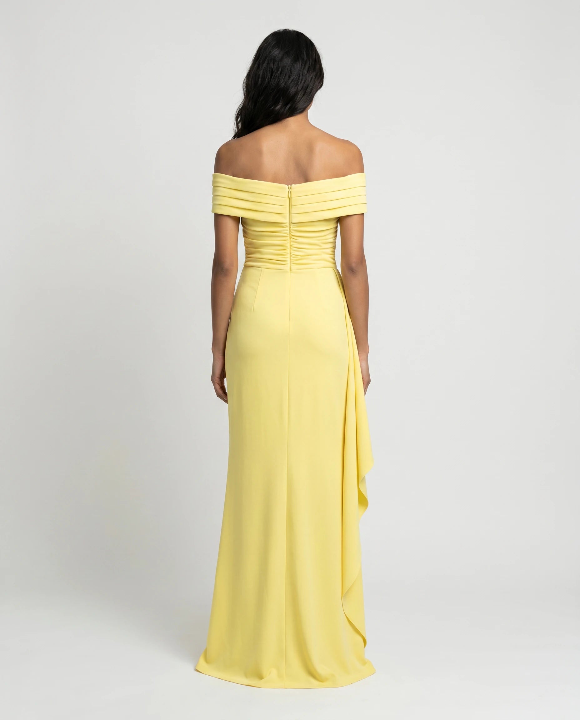 Robe longue noire bardot drapée — studio dos diane