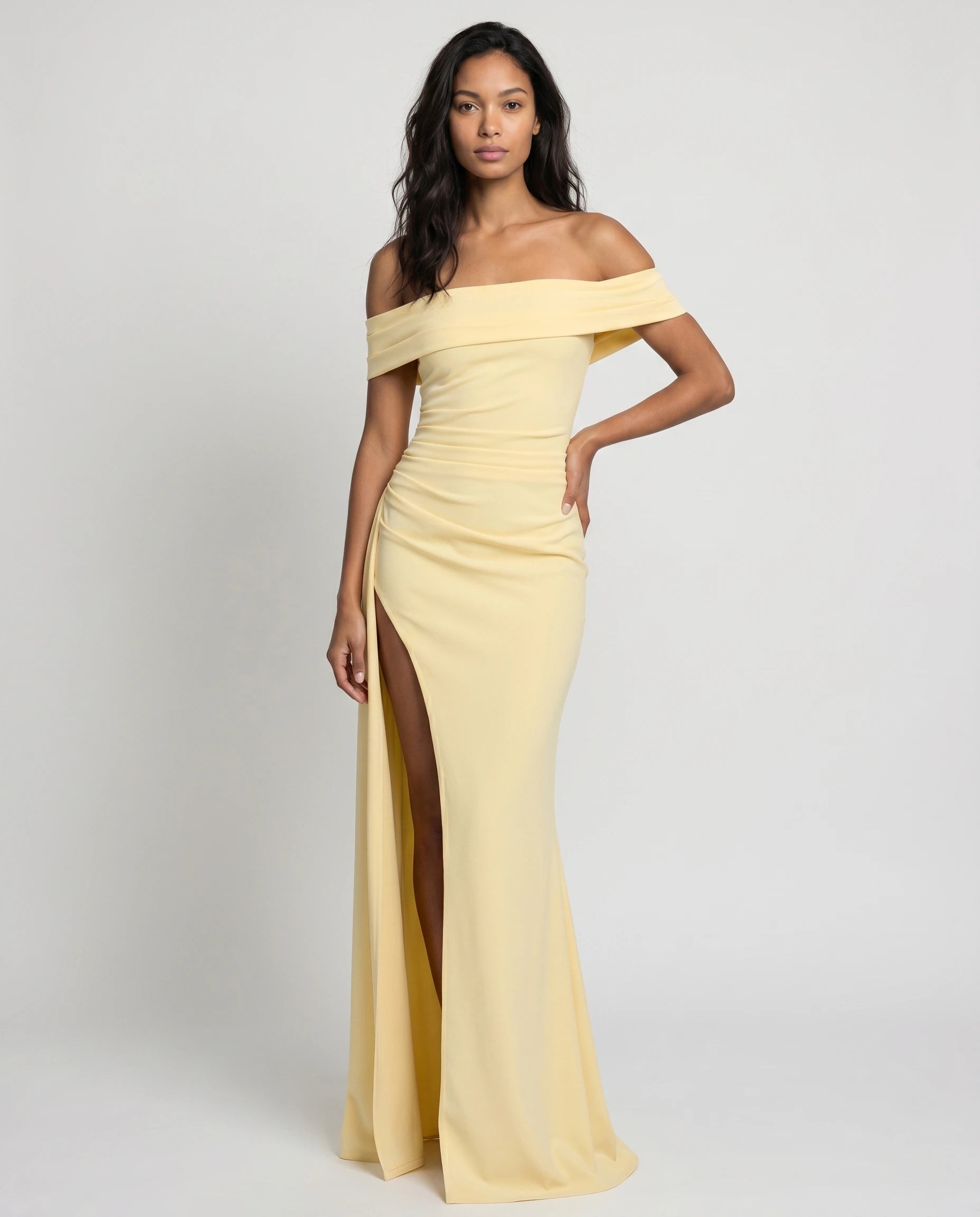Robe longue noire bardot drapée — studio variation diane