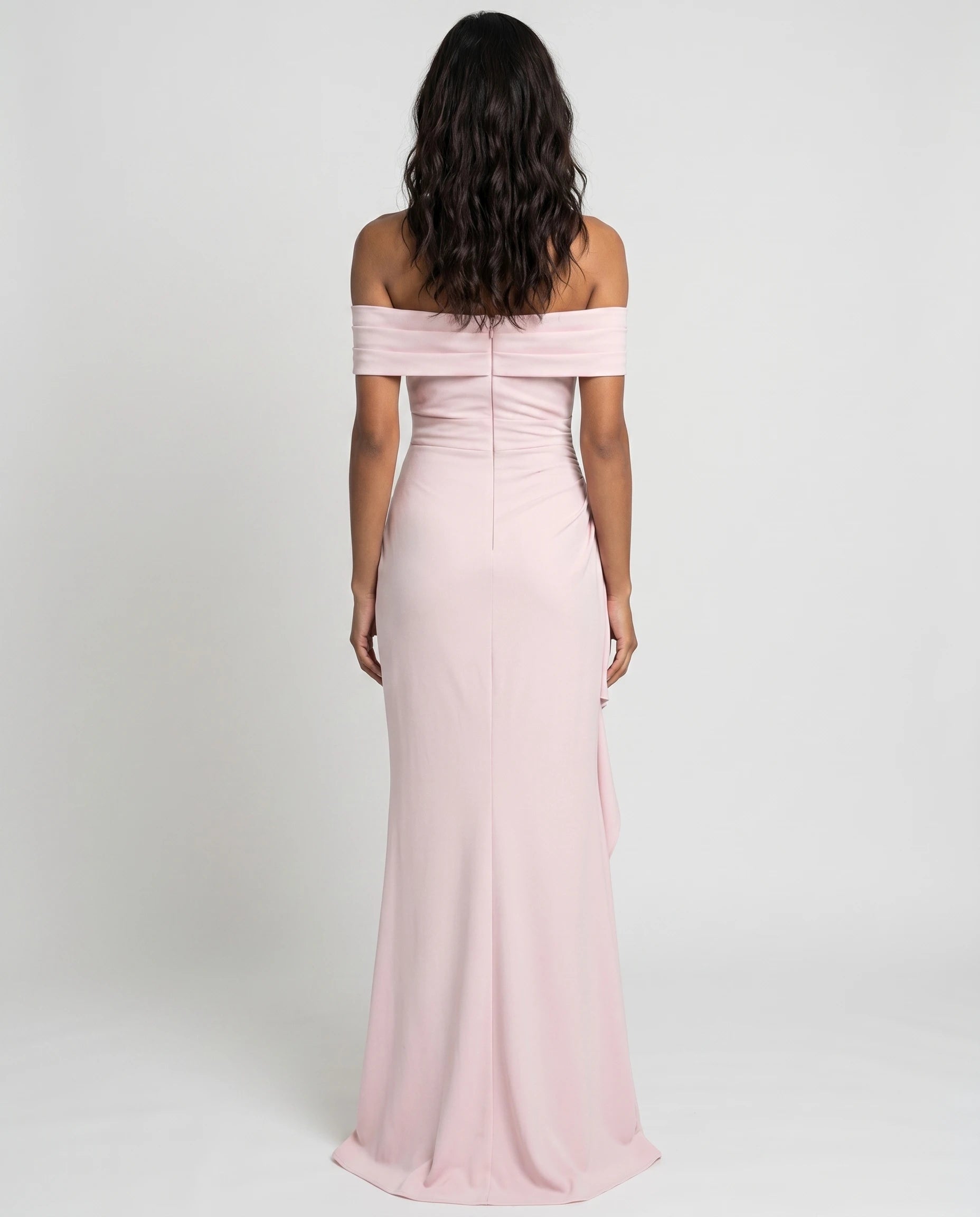 Robe longue noire bardot drapée — studio dos diane