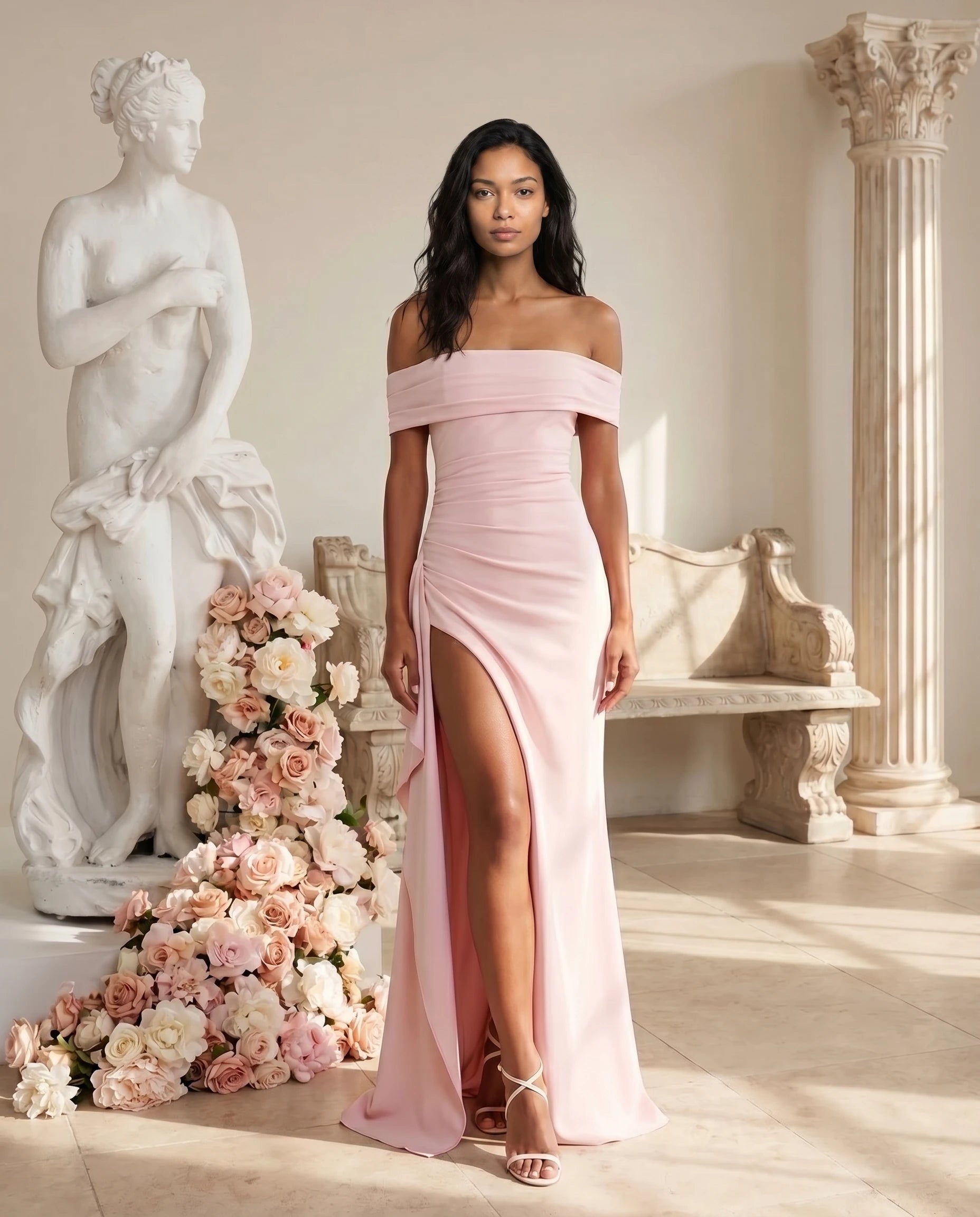 Robe longue noire bardot drapée — lifestyle sculpture face diane