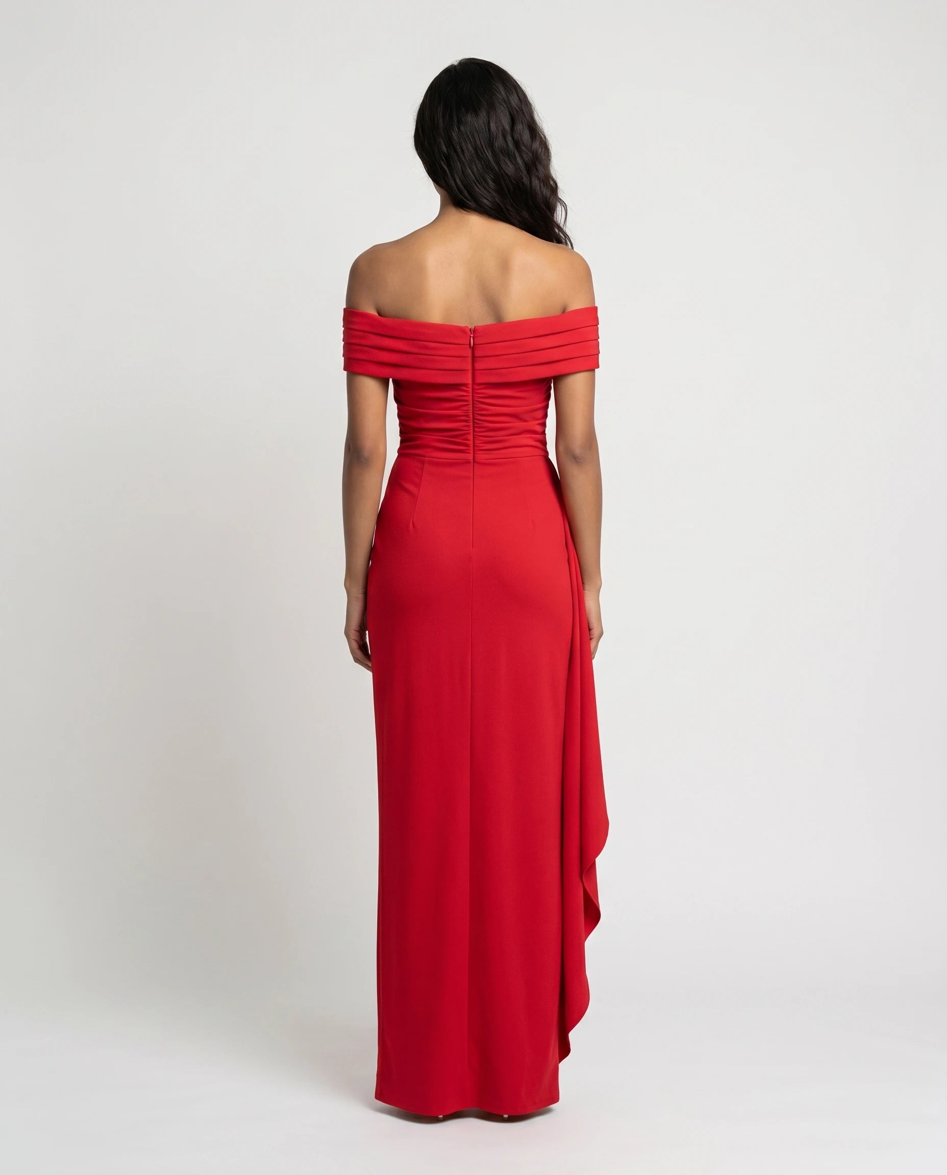 Robe longue noire bardot drapée — studio dos diane