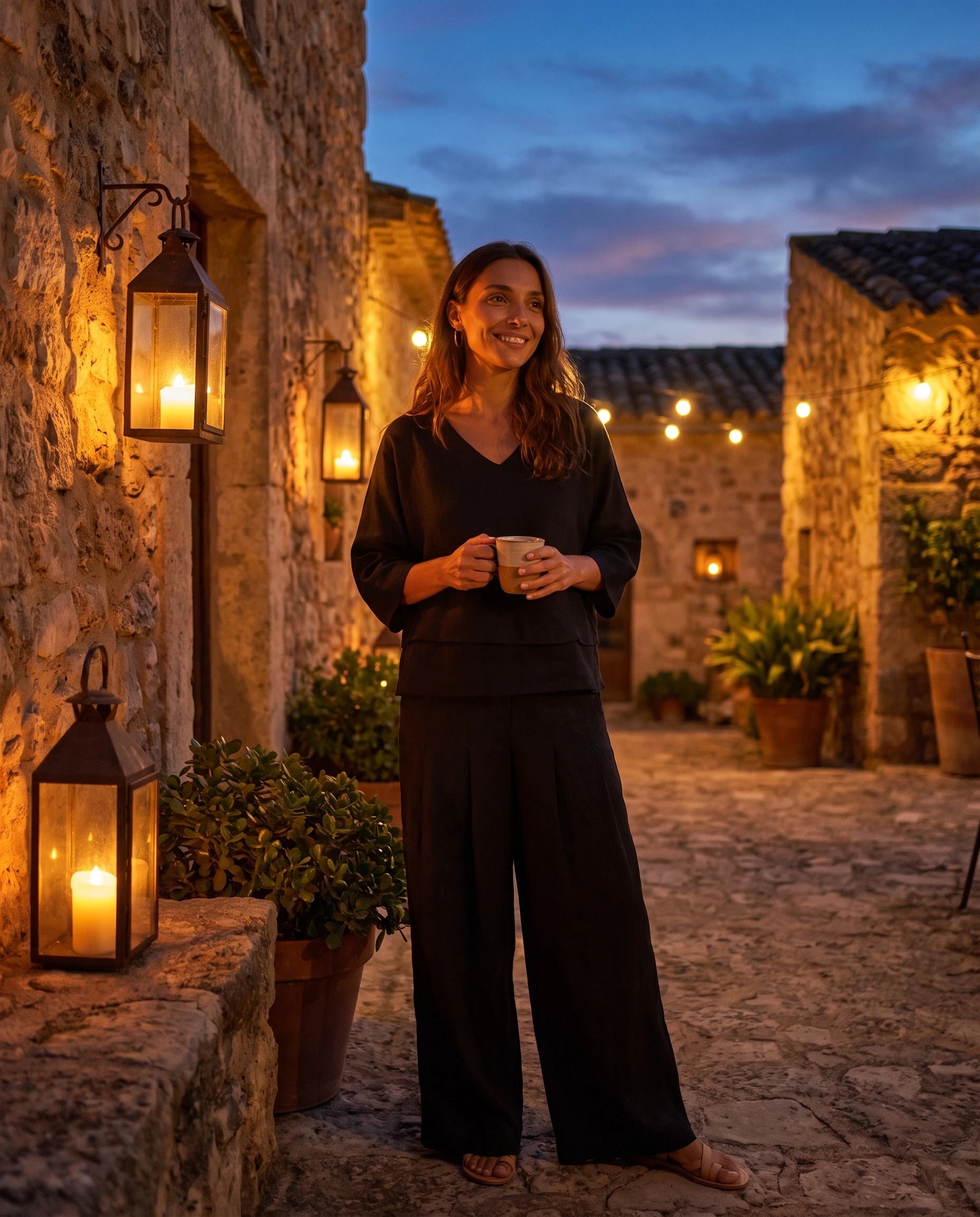 Ensemble top col V à ourlet superposé et pantalon large Isolde — Noir — portée, lifestyle 2