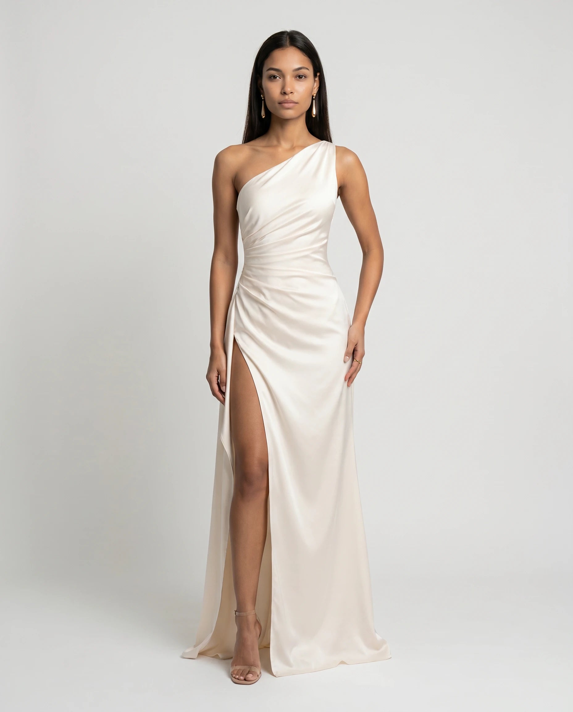 Robe longue en satin une epaule - Ivoire - Ines