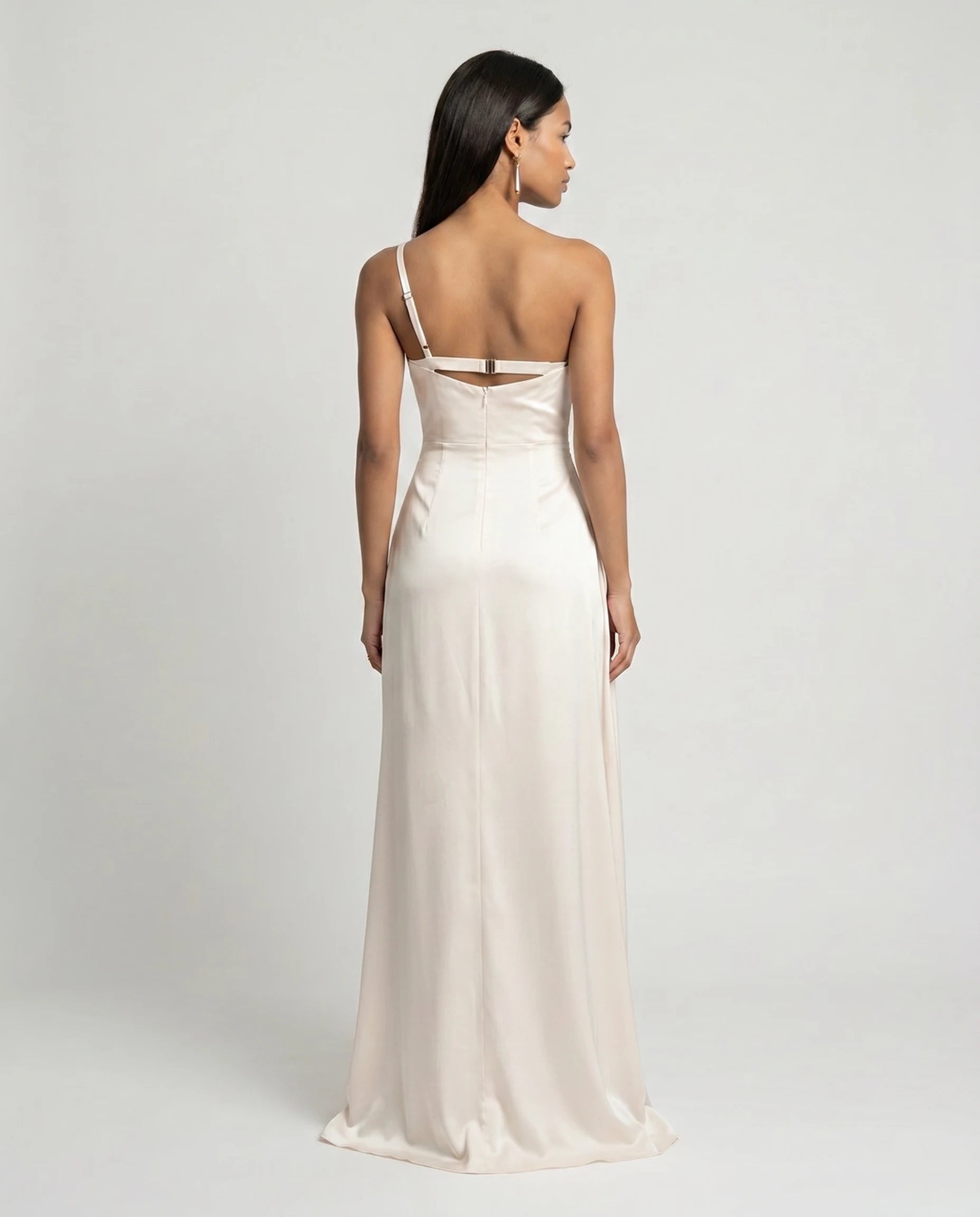 Robe longue en satin une epaule - Ivoire - Ines