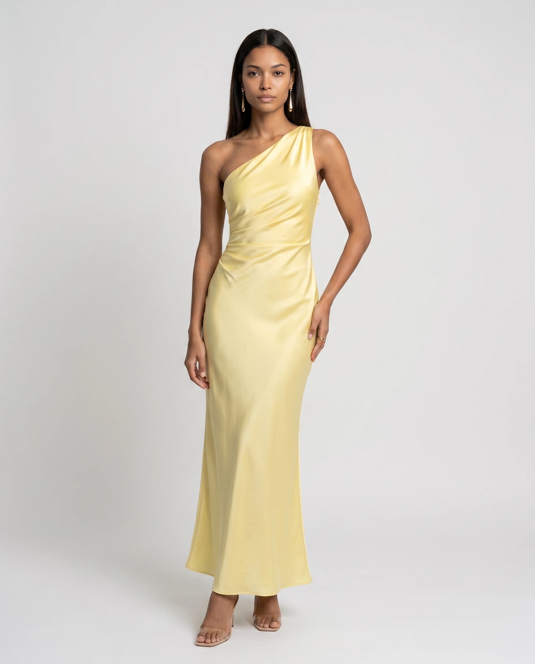 Robe longue en satin une epaule - Jaune Citron - Ines