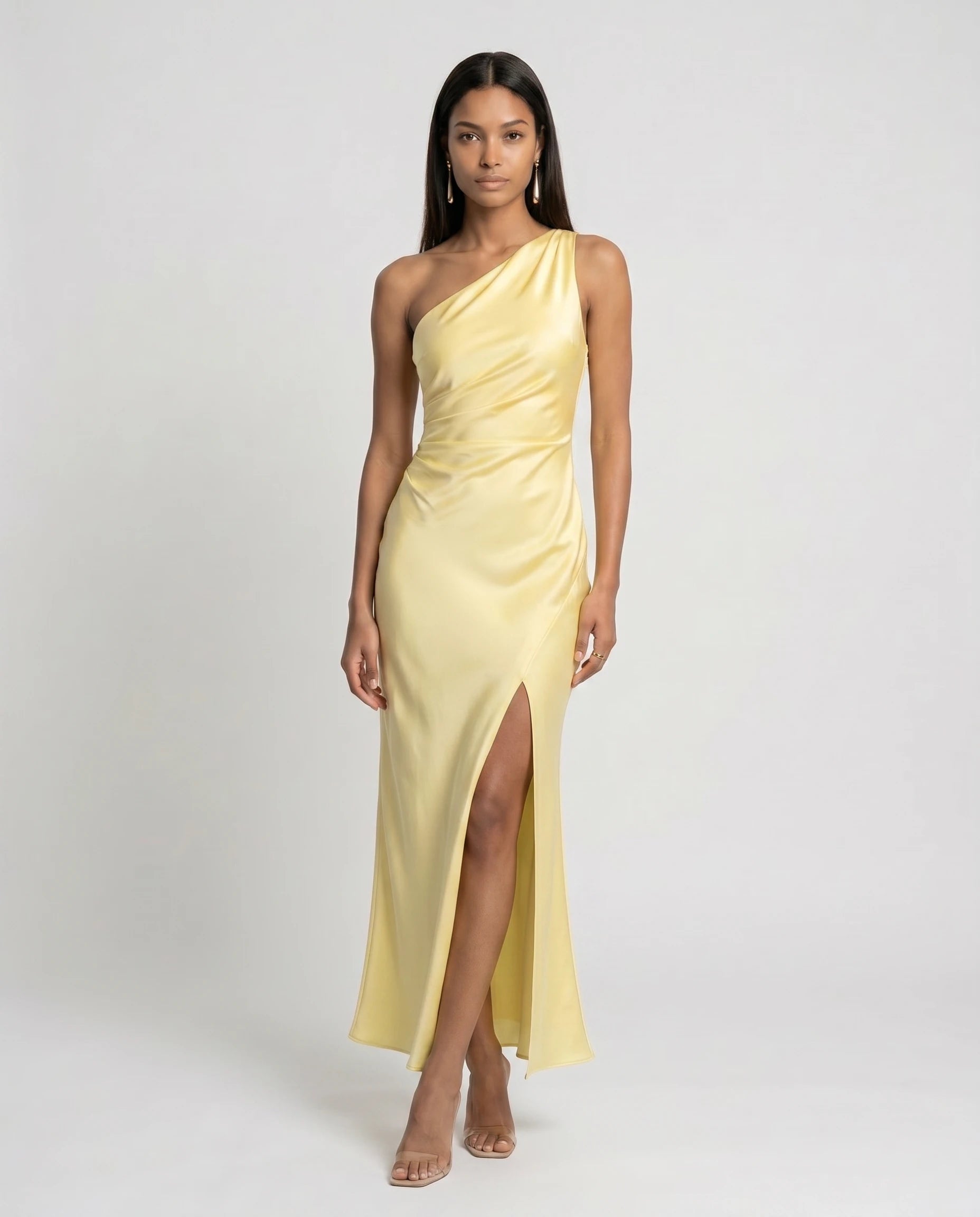 Robe longue en satin une epaule - Jaune Citron - Ines